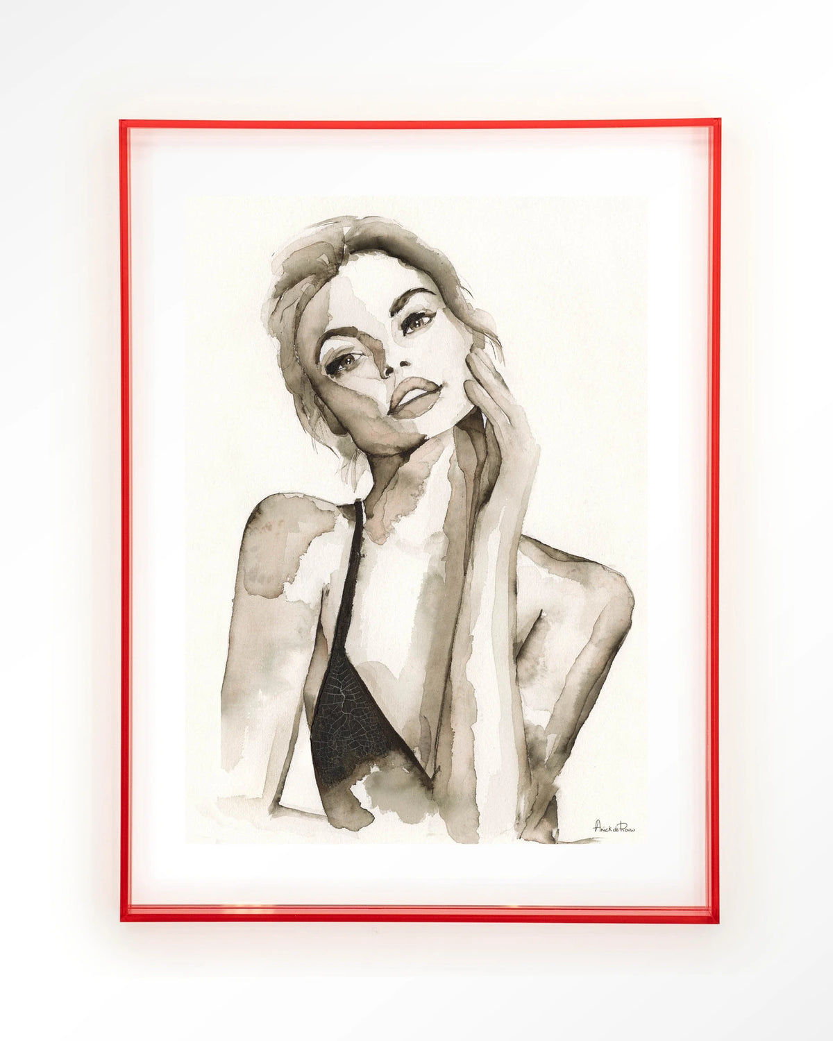 A Woman's Face – portret van een vrouw in sepia aquarel – Art print – Acryl roze