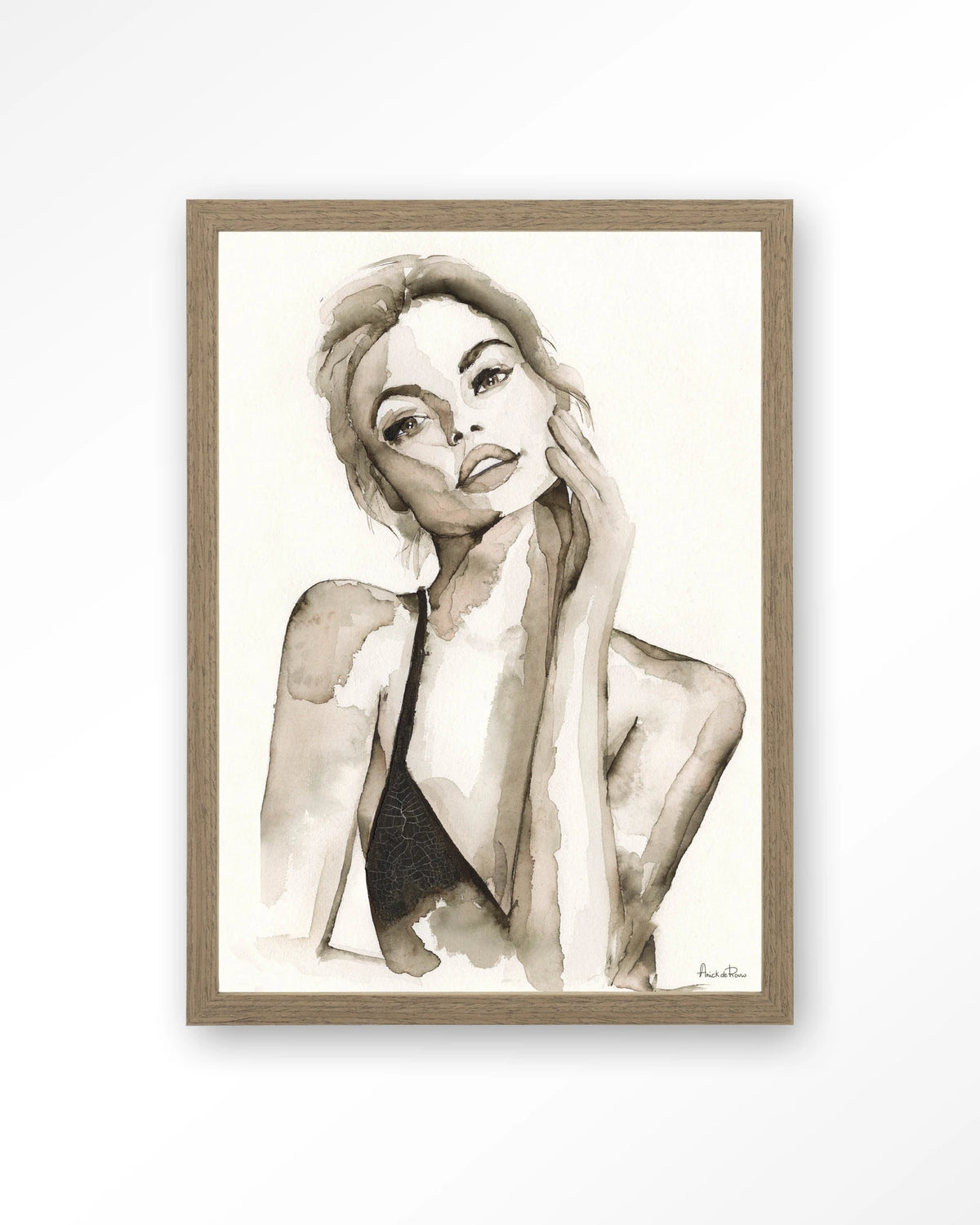 A Woman's Face – portret van een vrouw in sepia aquarel – Art print – Hout bruin