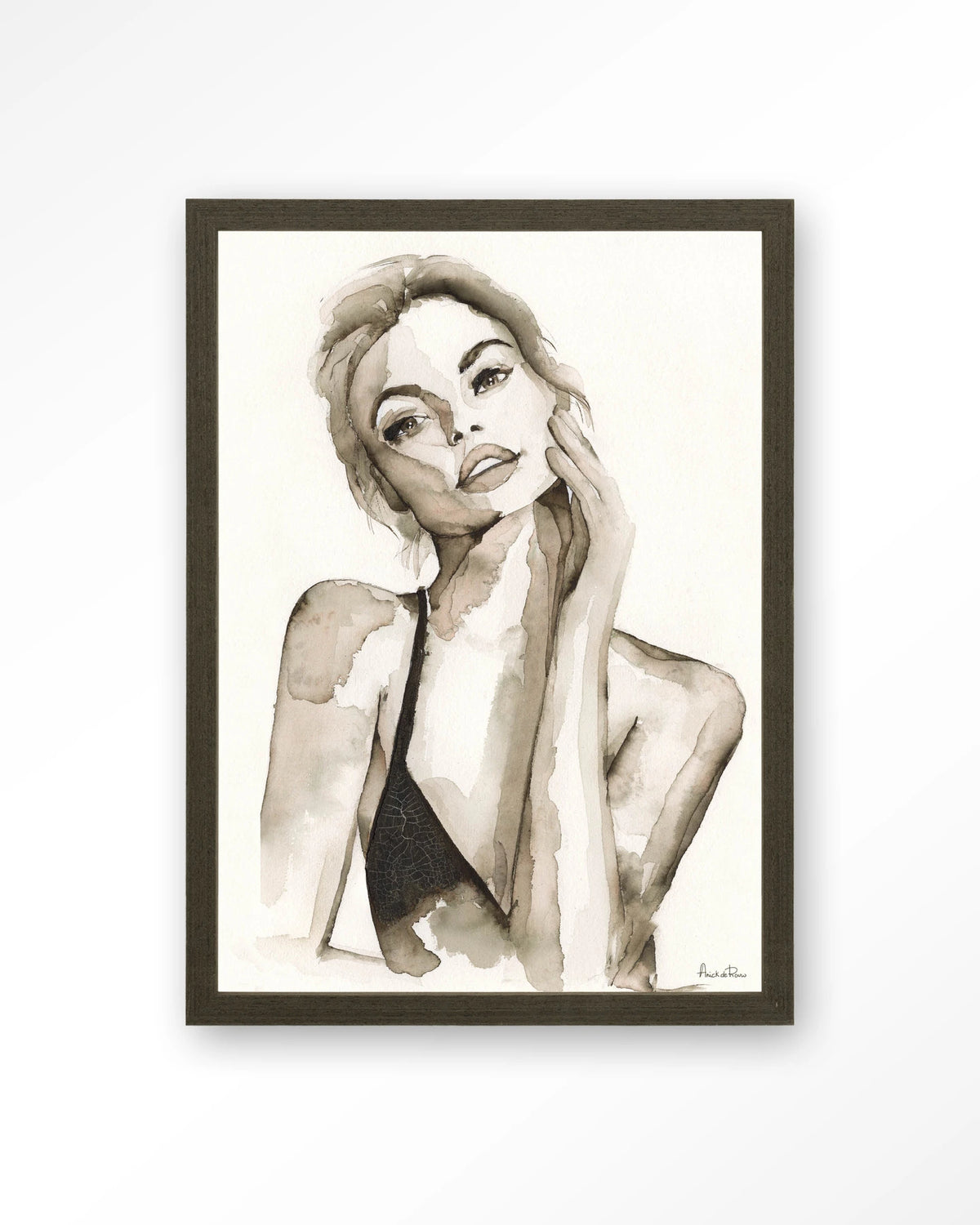 A Woman's Face – portret van een vrouw in sepia aquarel – Art print – Hout donkerbruin