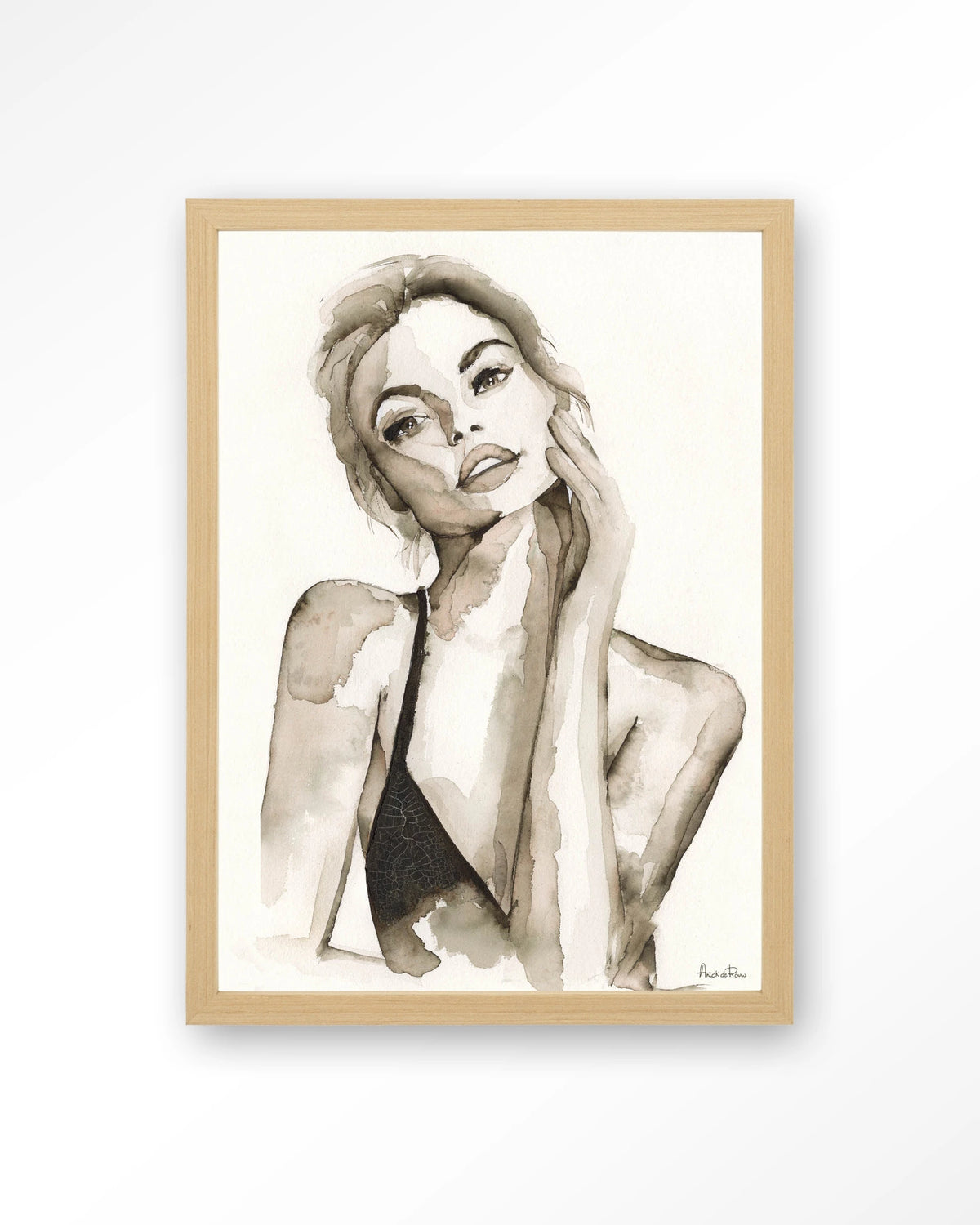 A Woman's Face – portret van een vrouw in sepia aquarel – Art print – Hout naturel