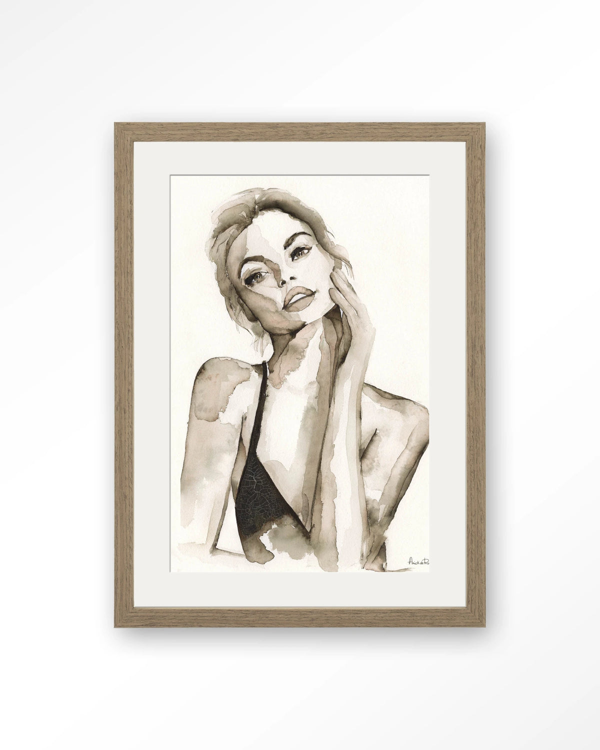 A Woman's Face – portret van een vrouw in sepia aquarel – Art print – Hout bruin + passe-partout