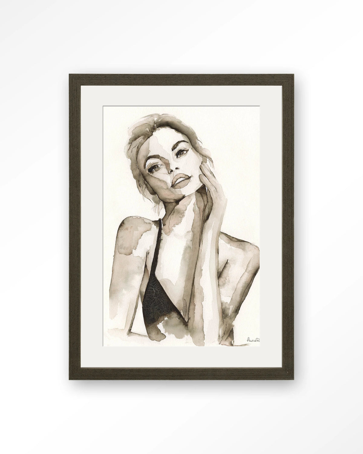 A Woman's Face – portret van een vrouw in sepia aquarel – Art print – Hout donkerbruin + passe-partout