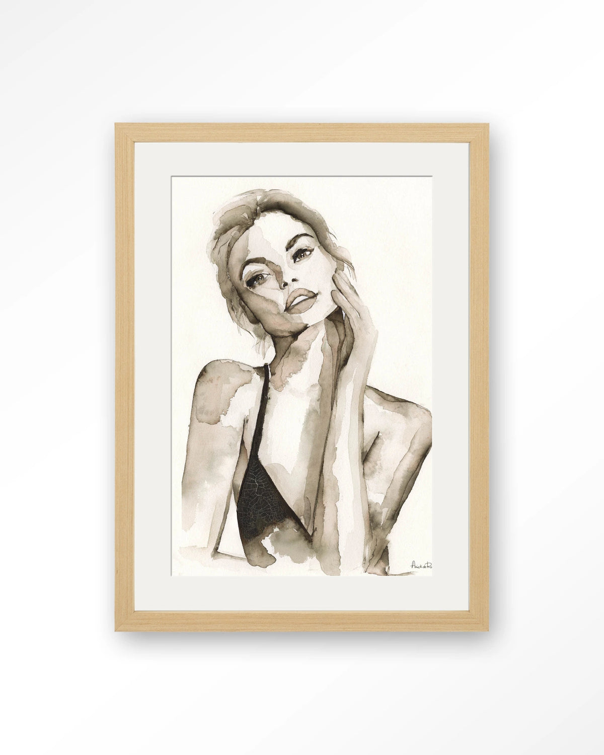 A Woman's Face – portret van een vrouw in sepia aquarel – Art print – Hout naturel + passe-partout