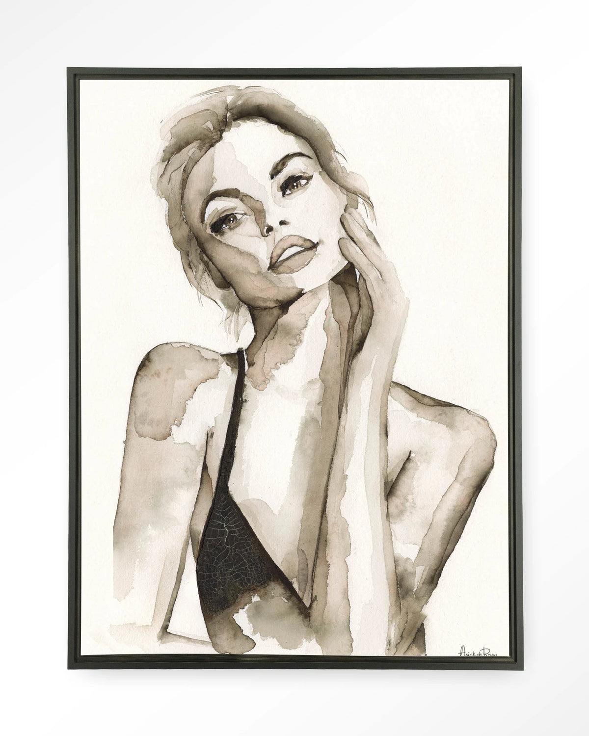 A Woman's Face – portret van een vrouw in sepia aquarel – Wandkleed – Floating frame – zwart