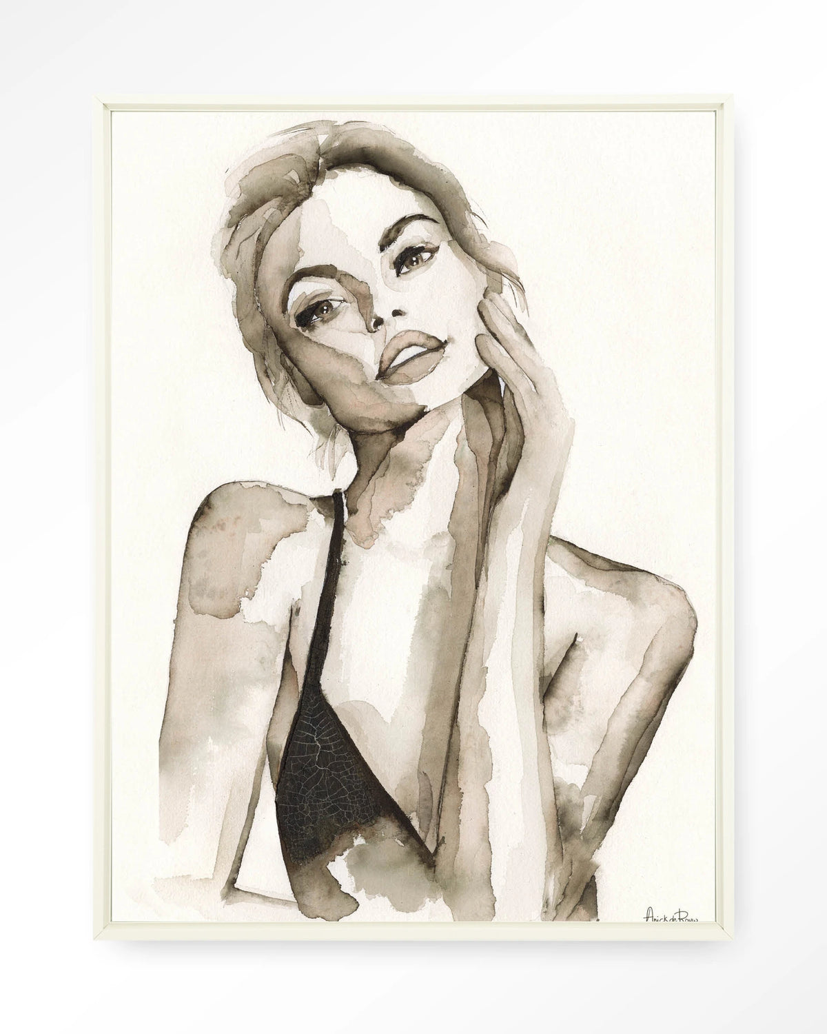 A Woman's Face – portret van een vrouw in sepia aquarel – Wandkleed – Floating frame – wit