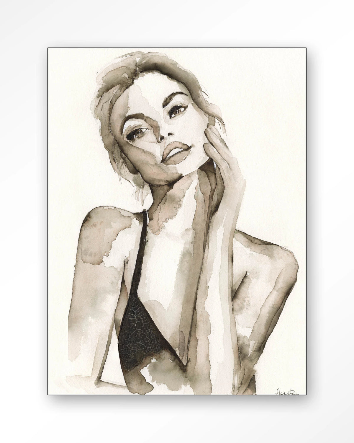 A Woman's Face – portret van een vrouw in sepia aquarel – Wandkleed – Frame – zwart