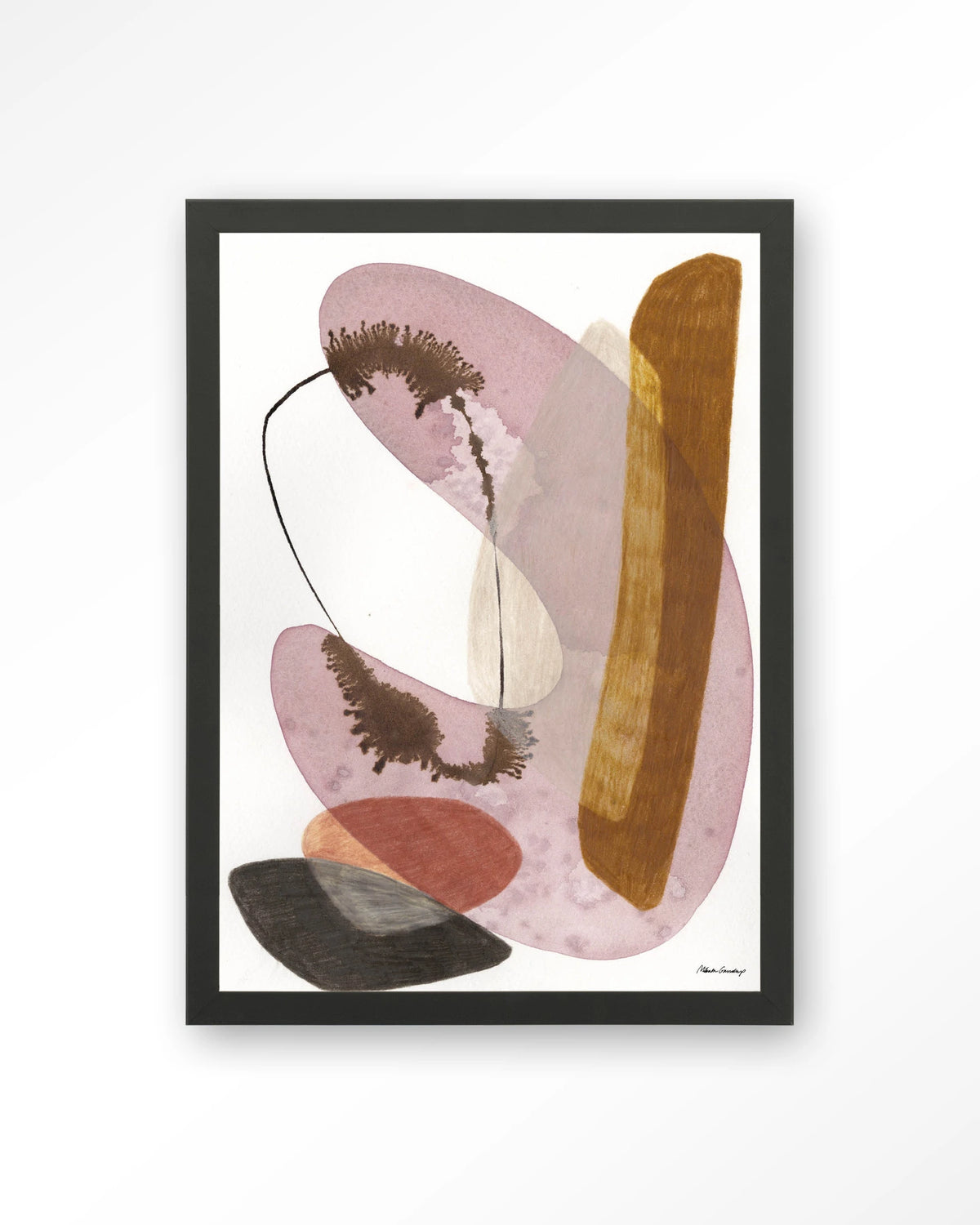 Balance – abstract aquarel in roze en oker – Art print – Hout zwart