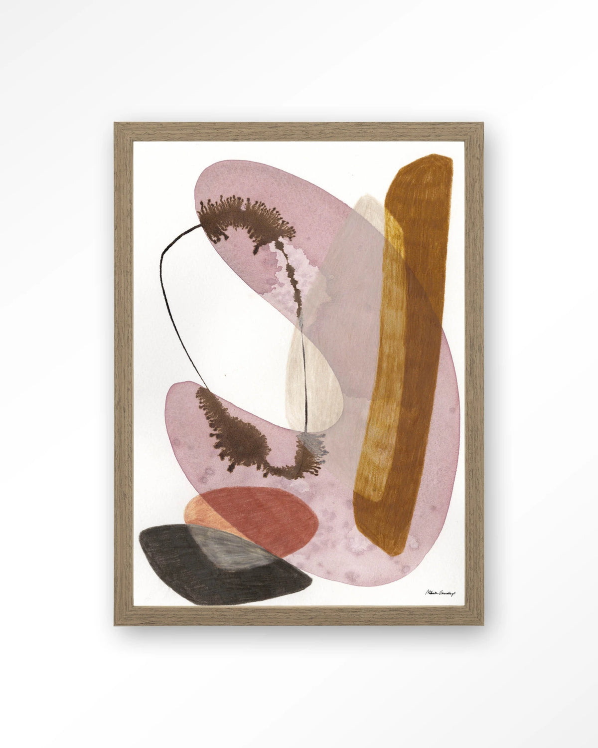 Balance – abstract aquarel in roze en oker – Art print – Hout bruin