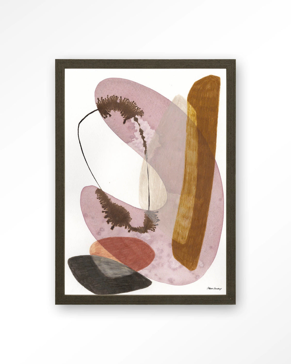 Balance – abstract aquarel in roze en oker – Art print – Hout donkerbruin