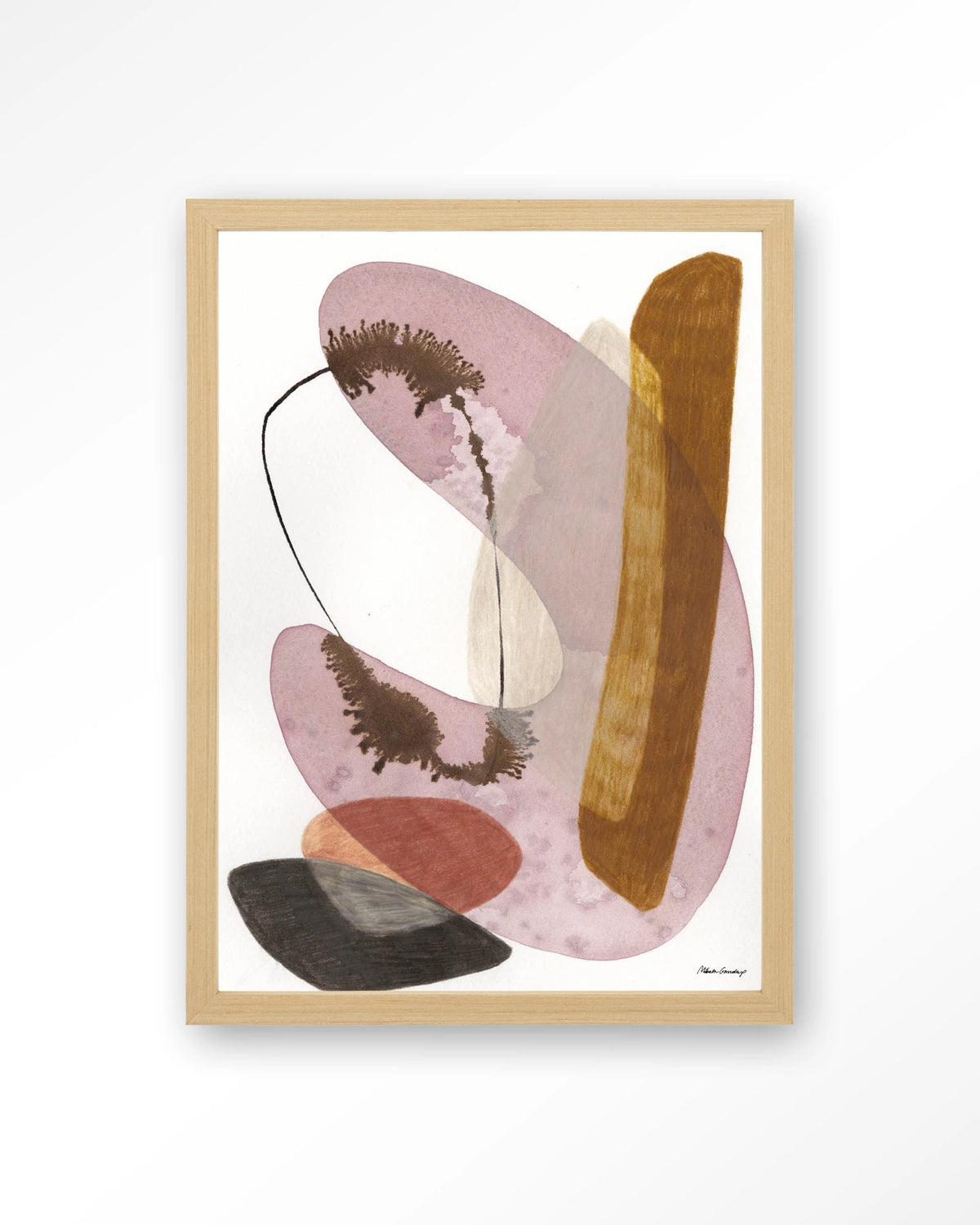 Balance – abstract aquarel in roze en oker – Art print – Hout naturel