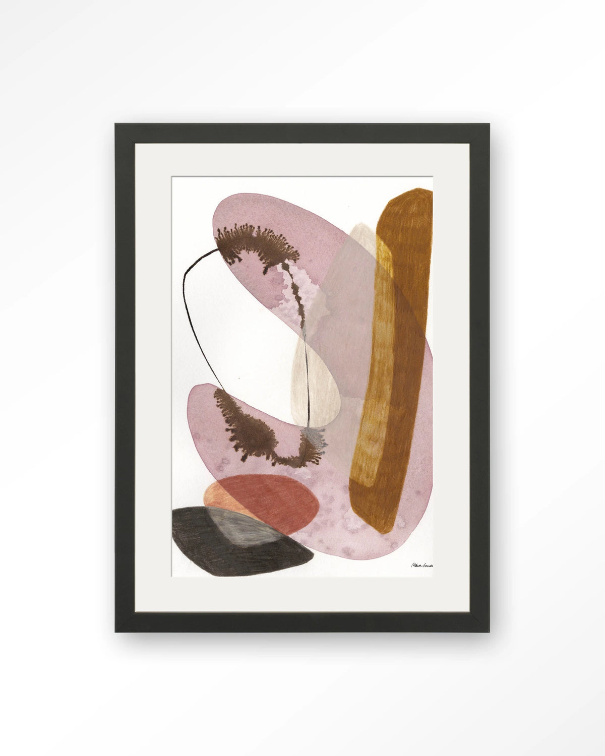 Balance – abstract aquarel in roze en oker – Art print – Hout zwart + passe-partout