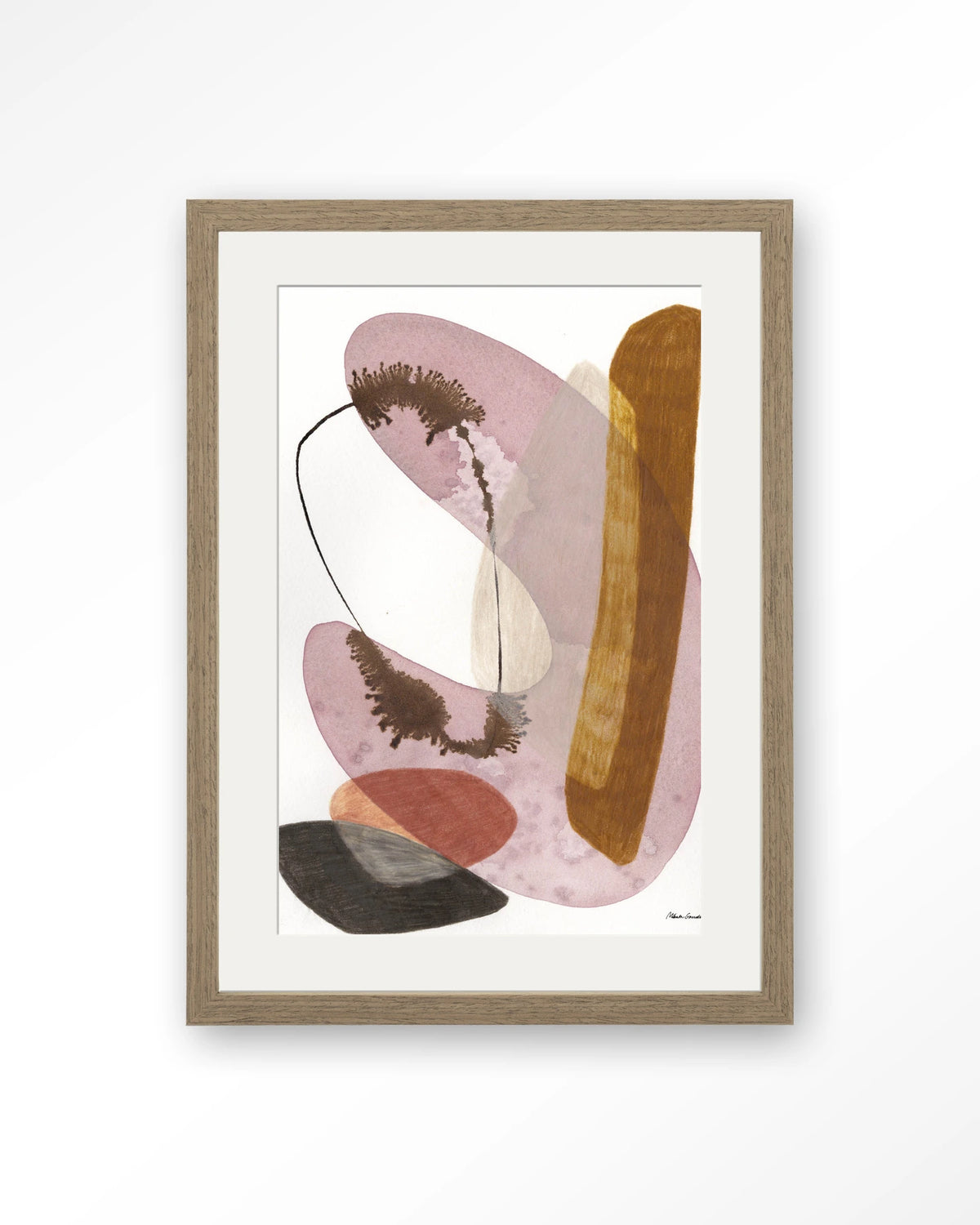 Balance – abstract aquarel in roze en oker – Art print – Hout bruin + passe-partout