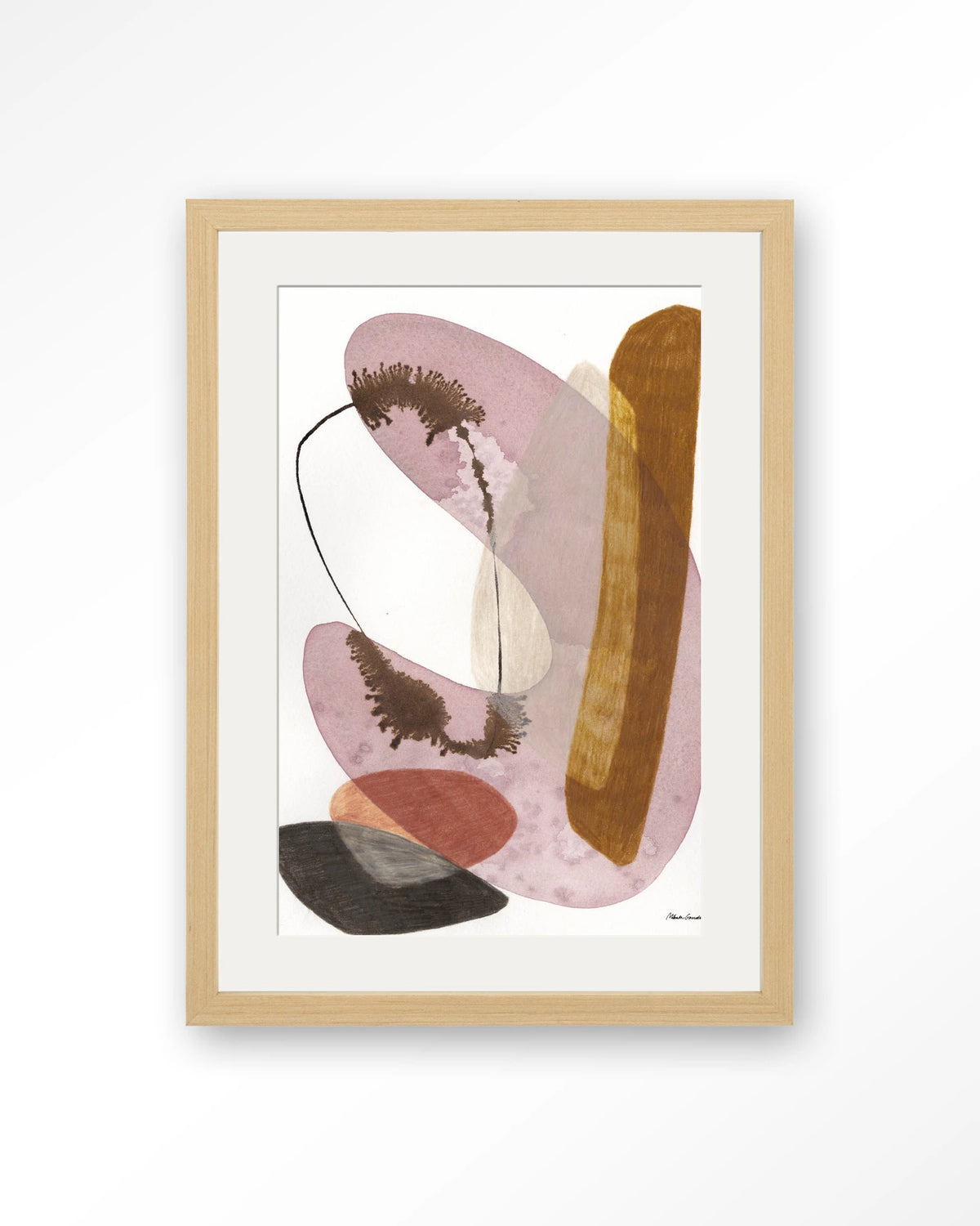 Balance – abstract aquarel in roze en oker – Art print – Hout naturel + passe-partout