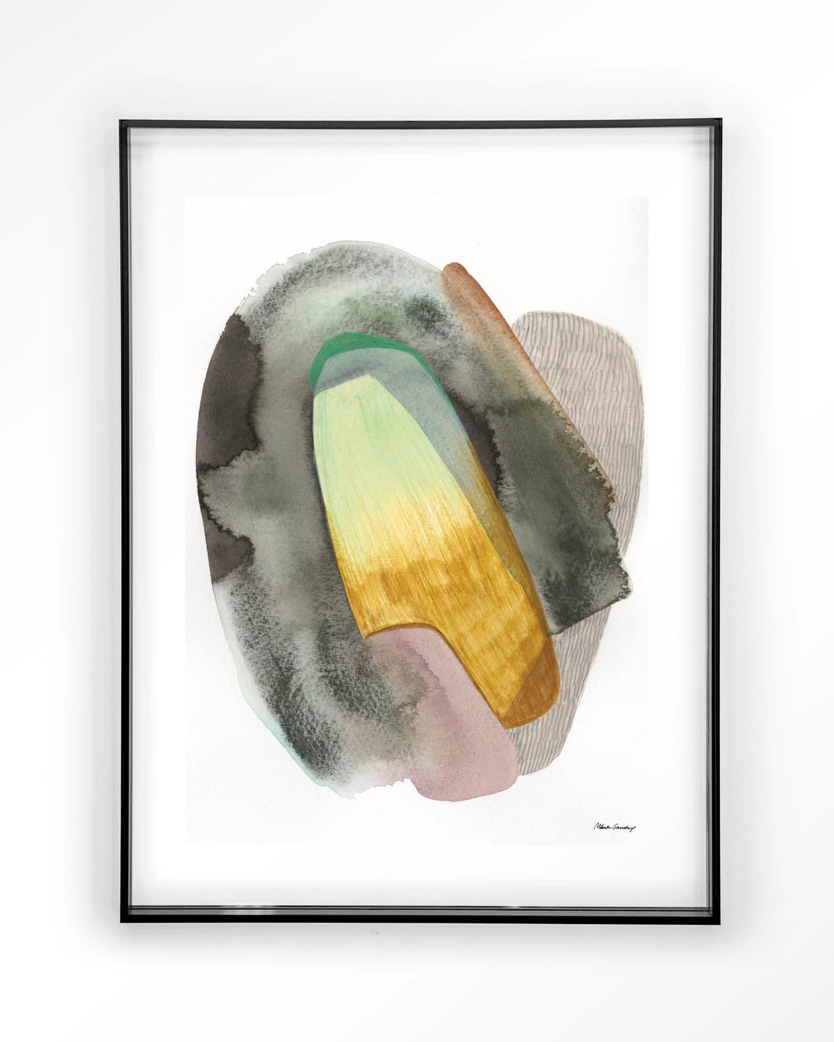 Airborne – abstract aquarel in groen en geel – Art print – Acryl zwart
