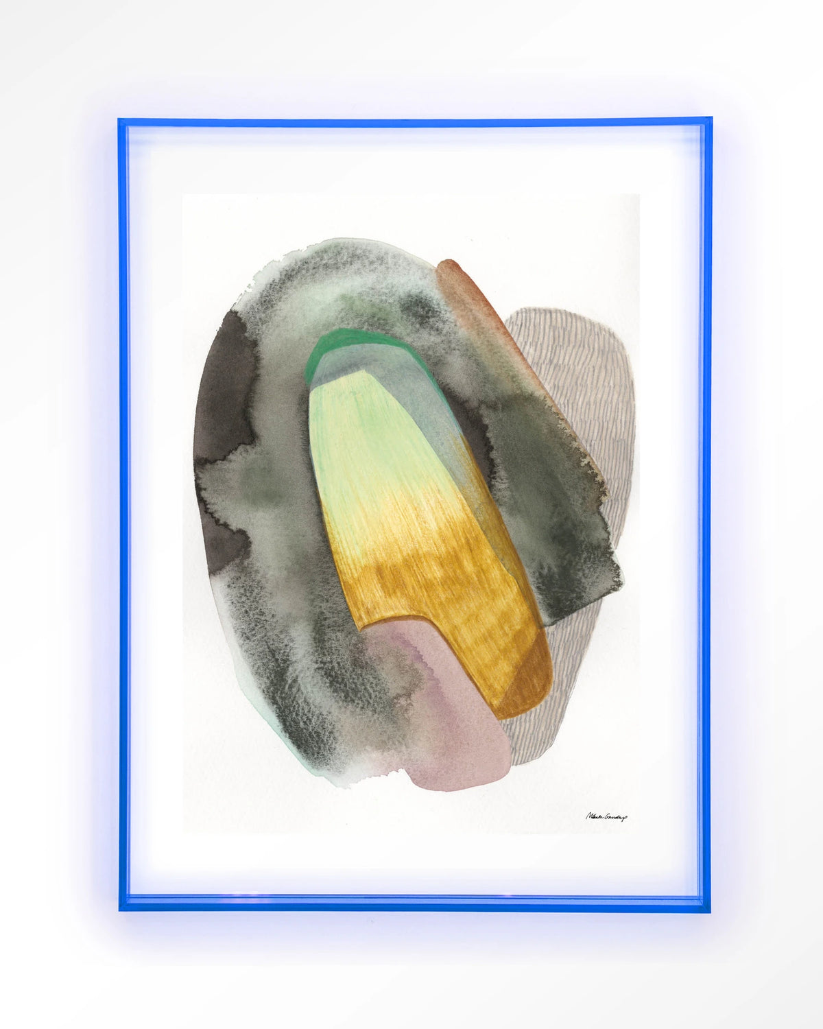 Airborne – abstract aquarel in groen en geel – Art print – Acryl lichtblauw