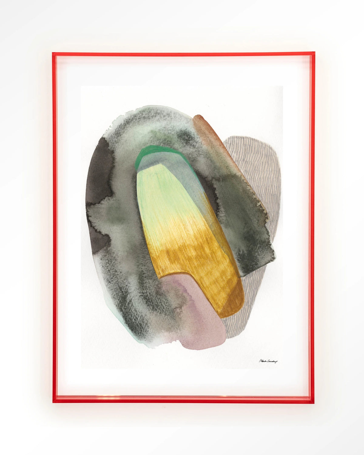 Airborne – abstract aquarel in groen en geel – Art print – Acryl roze