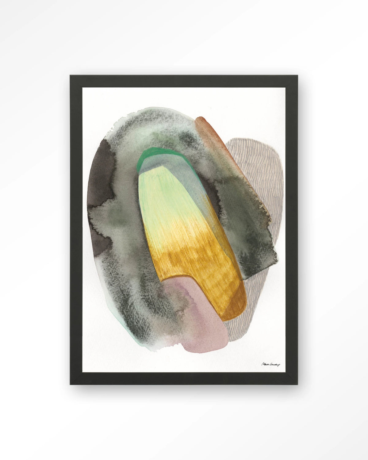 Airborne – abstract aquarel in groen en geel – Art print – Hout zwart