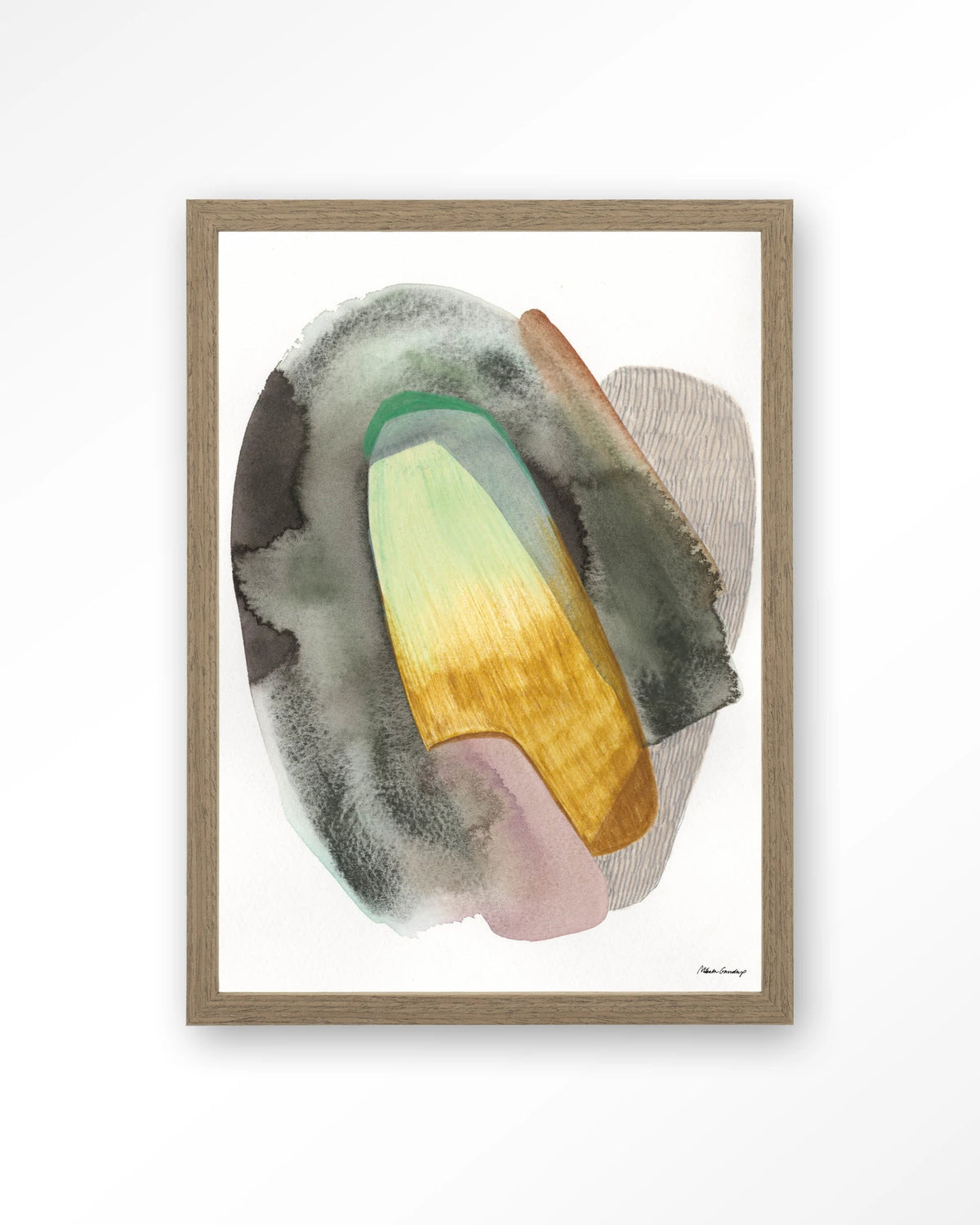 Airborne – abstract aquarel in groen en geel – Art print – Hout bruin