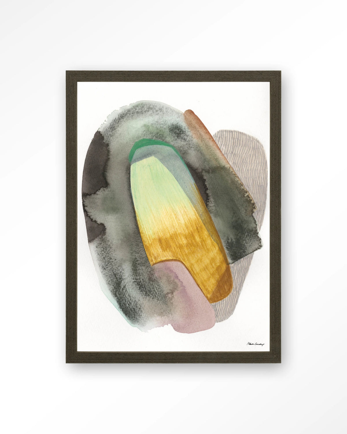 Airborne – abstract aquarel in groen en geel – Art print – Hout donkerbruin