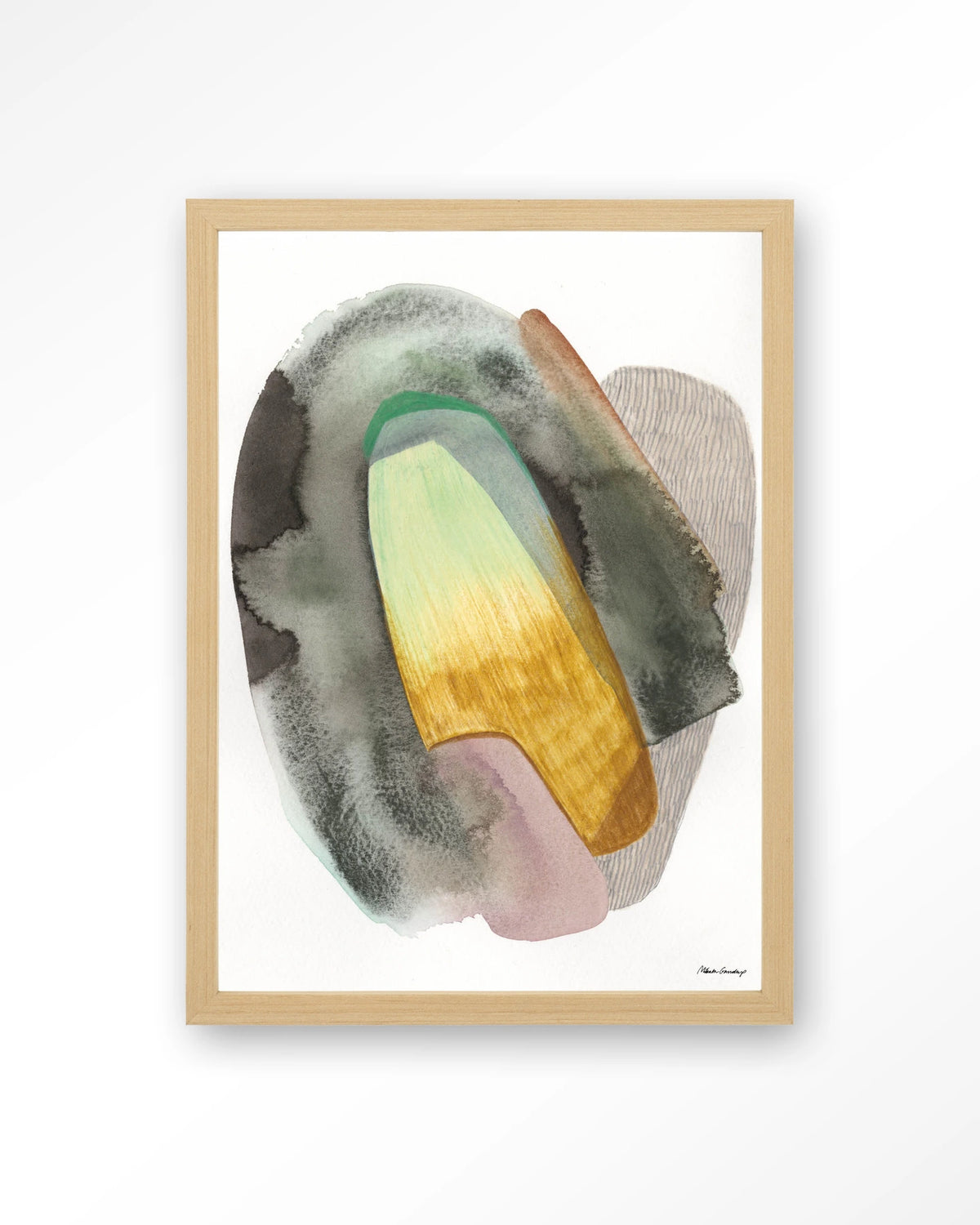 Airborne – abstract aquarel in groen en geel – Art print – Hout naturel