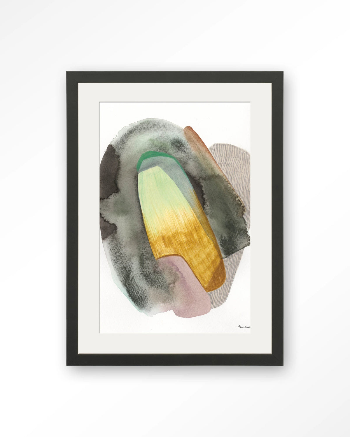 Airborne – abstract aquarel in groen en geel – Art print – Hout zwart + passe-partout