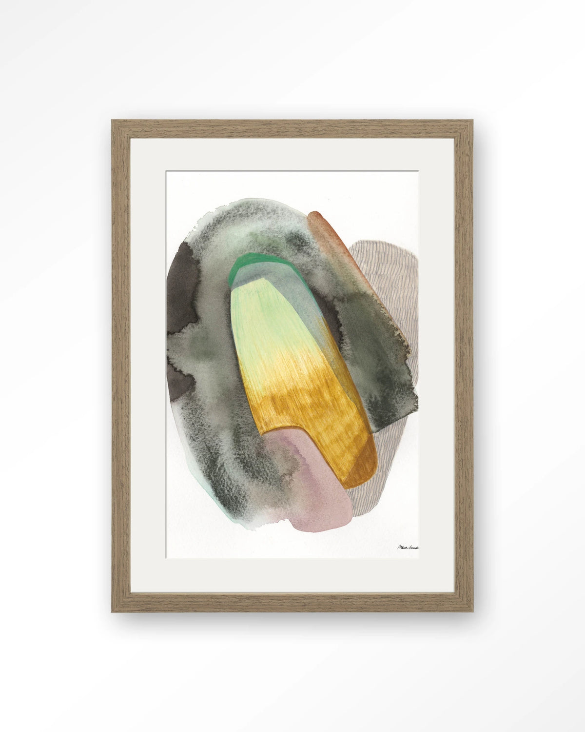 Airborne – abstract aquarel in groen en geel – Art print – Hout bruin + passe-partout
