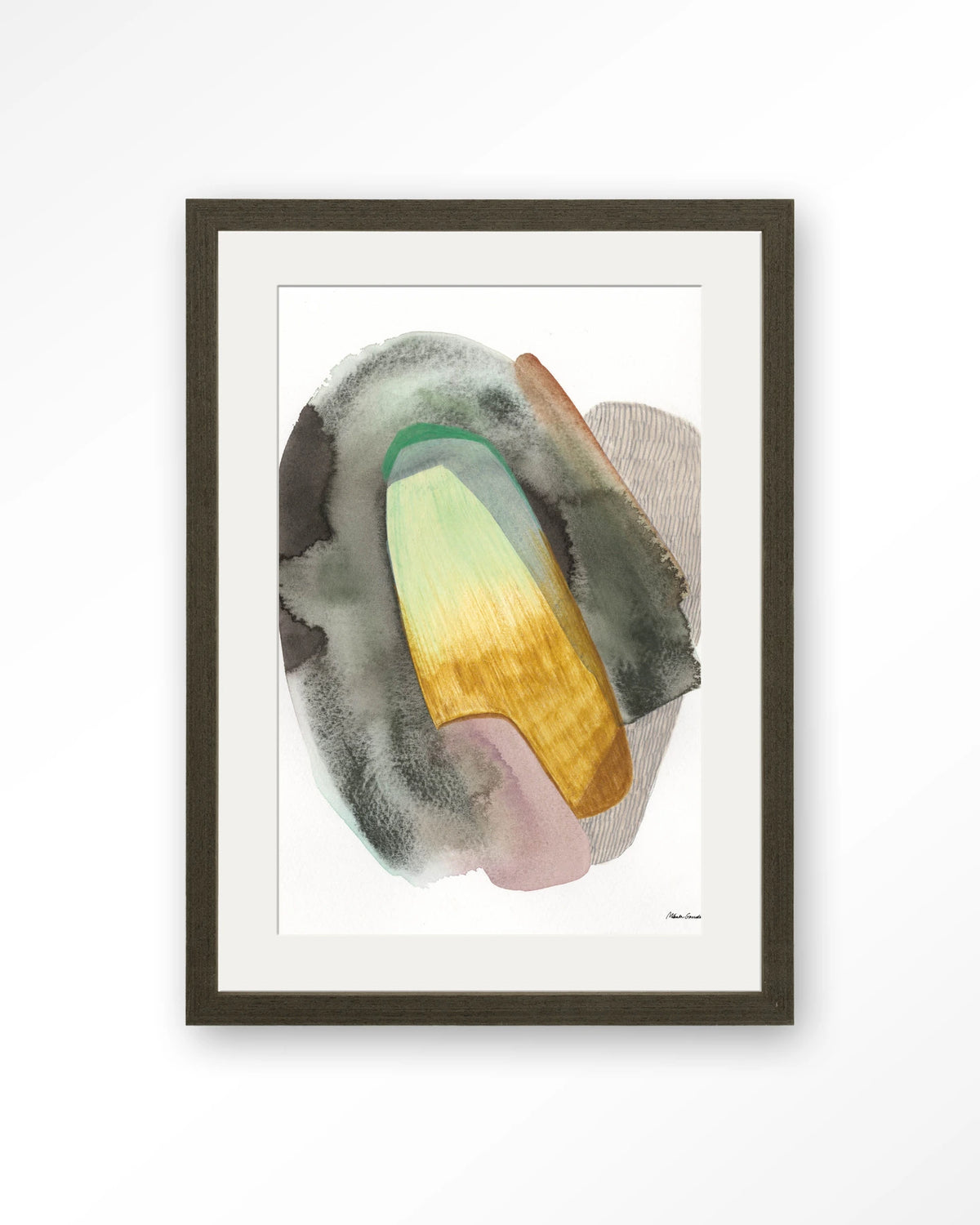 Airborne – abstract aquarel in groen en geel – Art print – Hout donkerbruin + passe-partout