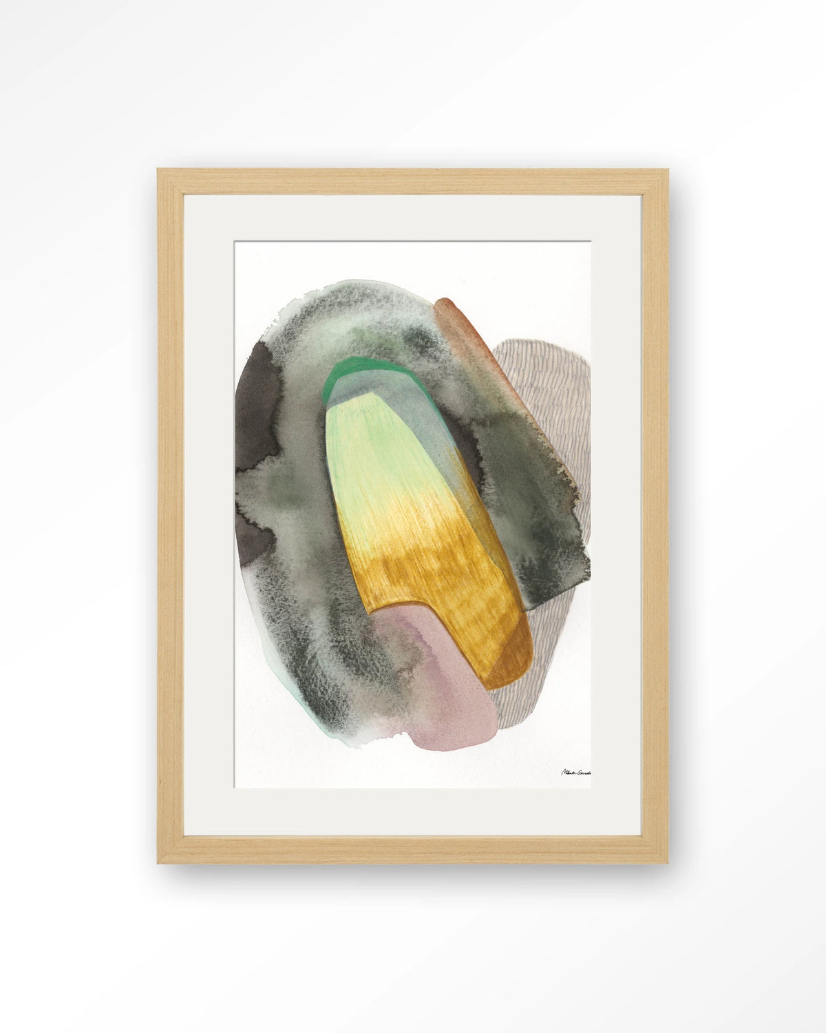 Airborne – abstract aquarel in groen en geel – Art print – Hout naturel + passe-partout