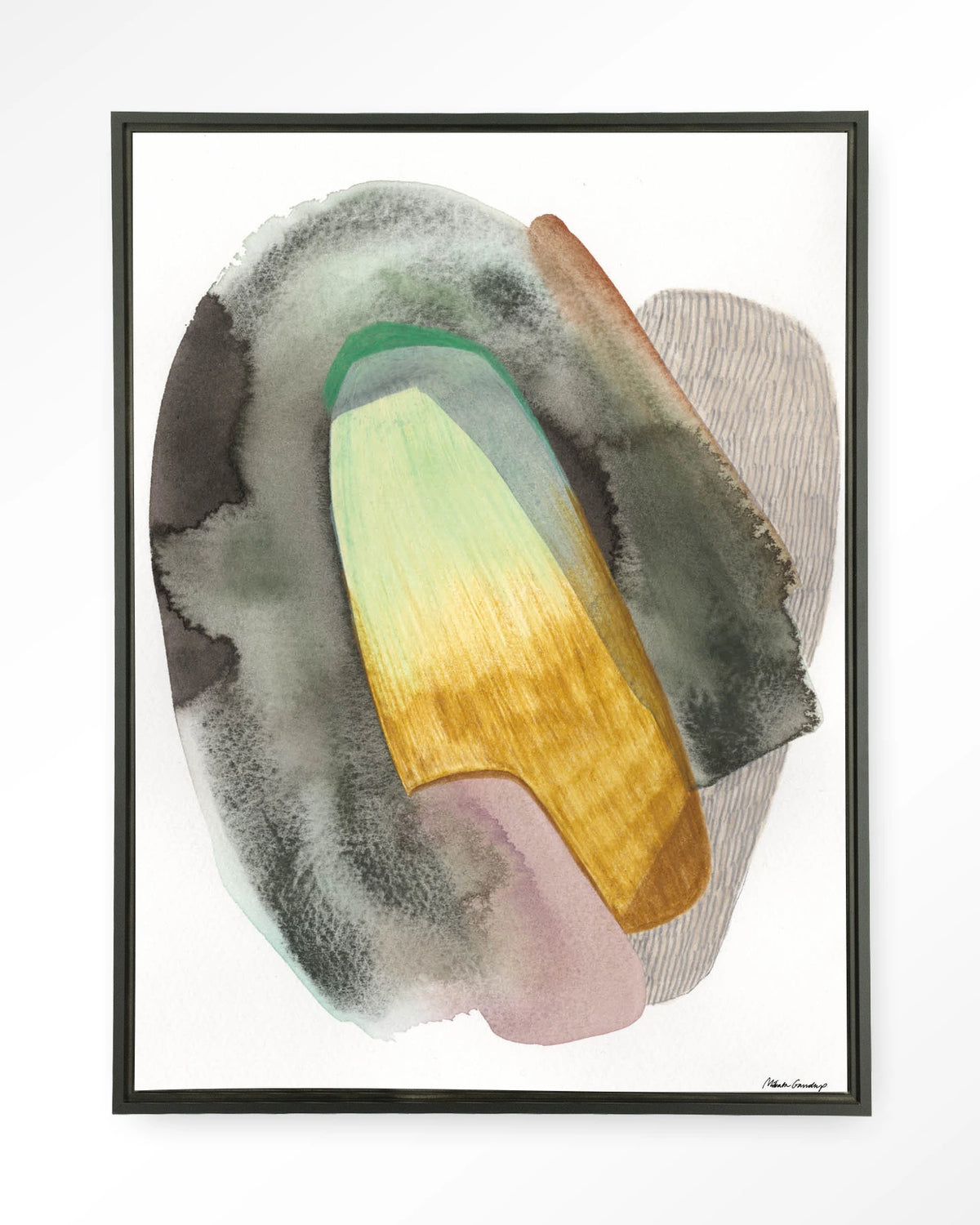 Airborne – abstract aquarel in groen en geel – Wandkleed – Floating frame – zwart