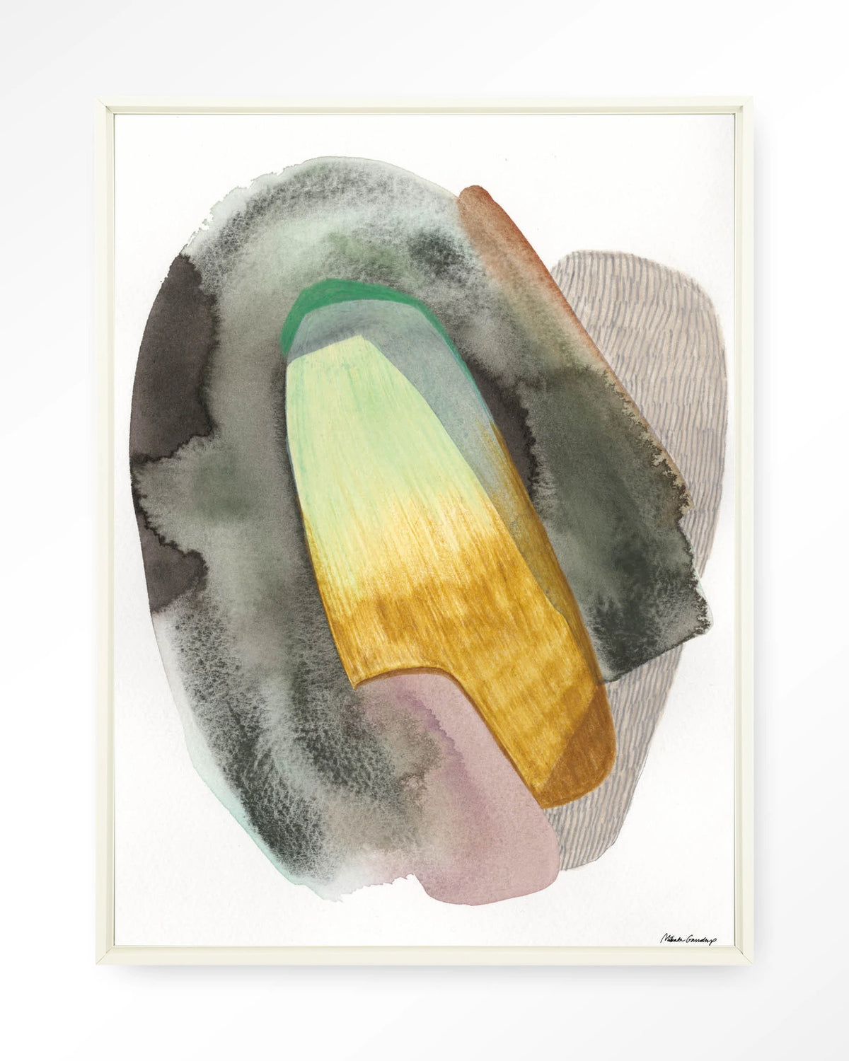 Airborne – abstract aquarel in groen en geel – Wandkleed – Floating frame – wit