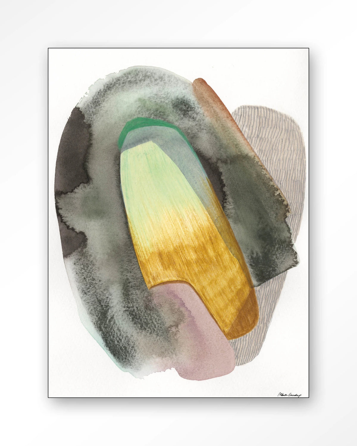 Airborne – abstract aquarel in groen en geel – Wandkleed – Frame – zwart