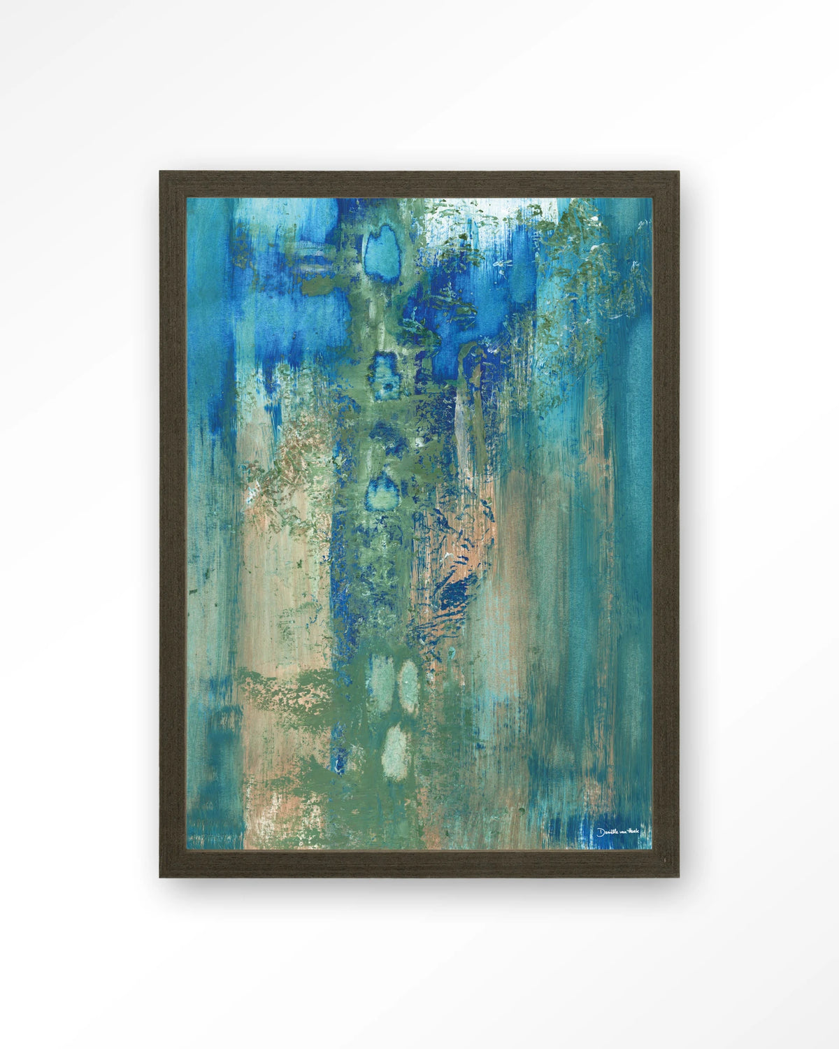 Blue Green Abstract – abstract in blauw en groen – Art print – Hout donkerbruin