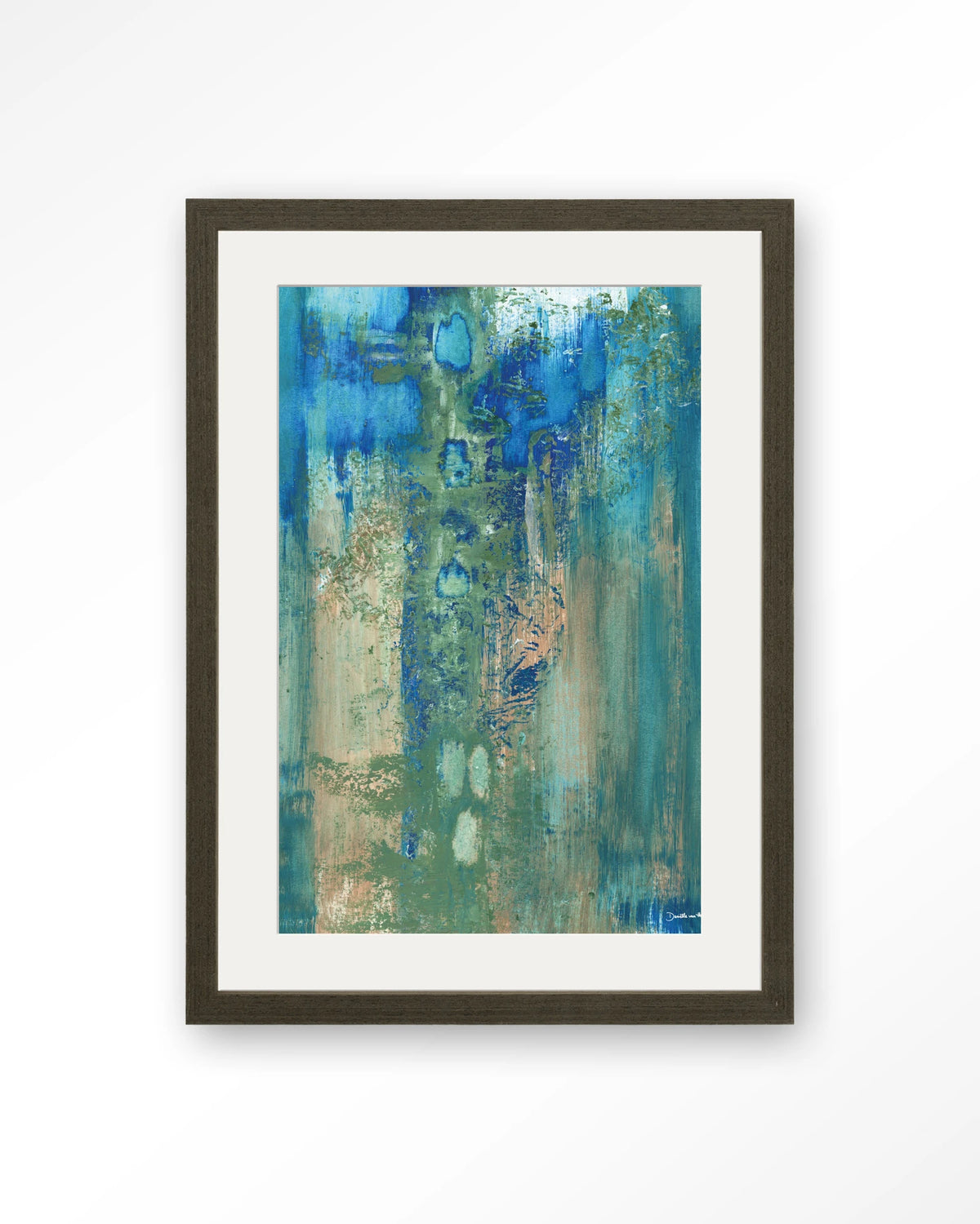 Blue Green Abstract – abstract in blauw en groen – Art print – Hout donkerbruin + passe-partout