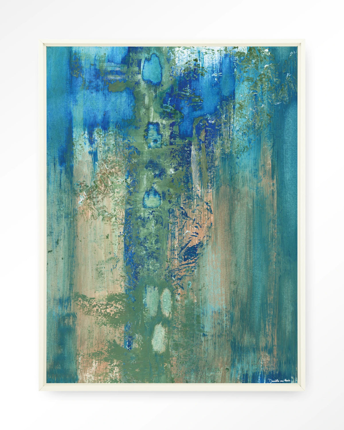 Blue Green Abstract – abstract in blauw en groen – Wandkleed – Floating frame – wit