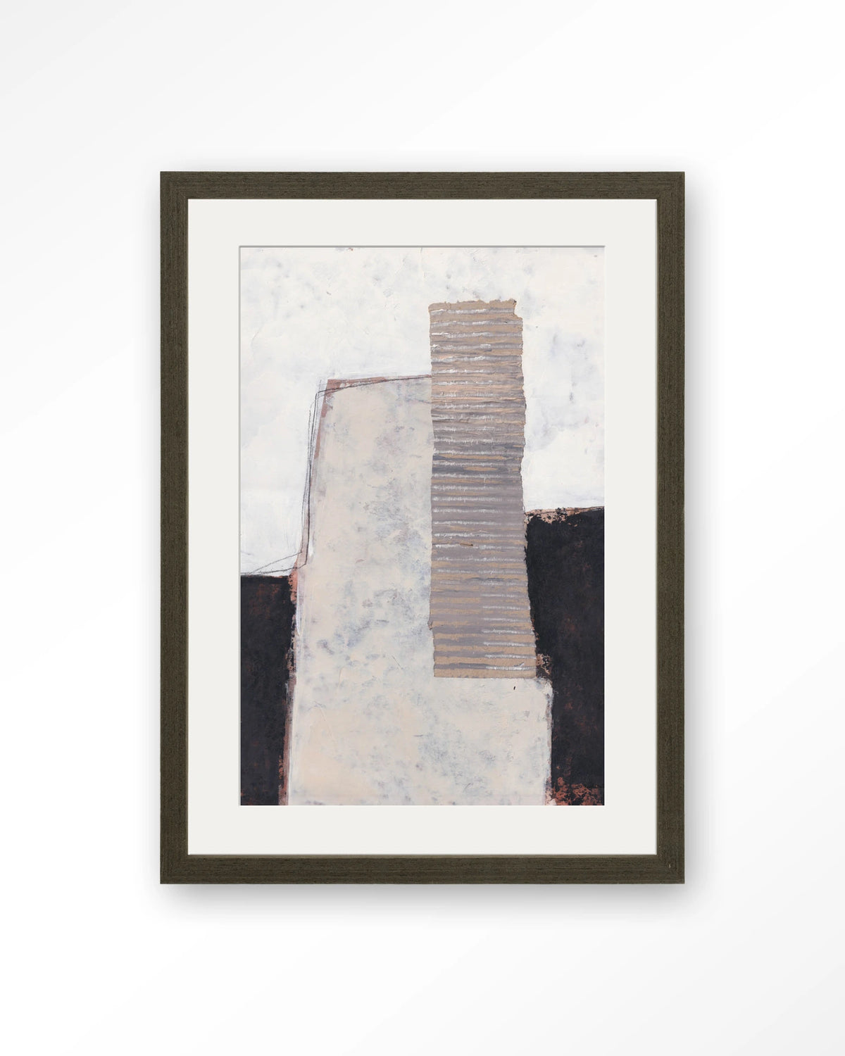 Abstract 1 – abstract in wit, zwart en beige – Art print – Hout donkerbruin + passe-partout