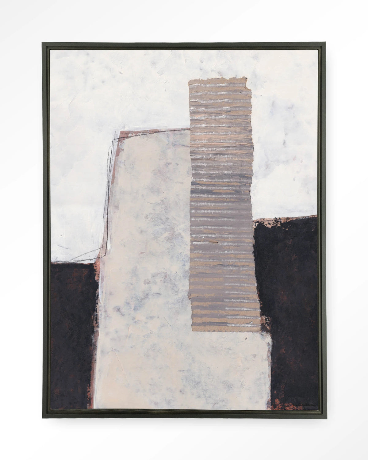 Abstract 1 – abstract in wit, zwart en beige – Wandkleed – Floating frame – zwart
