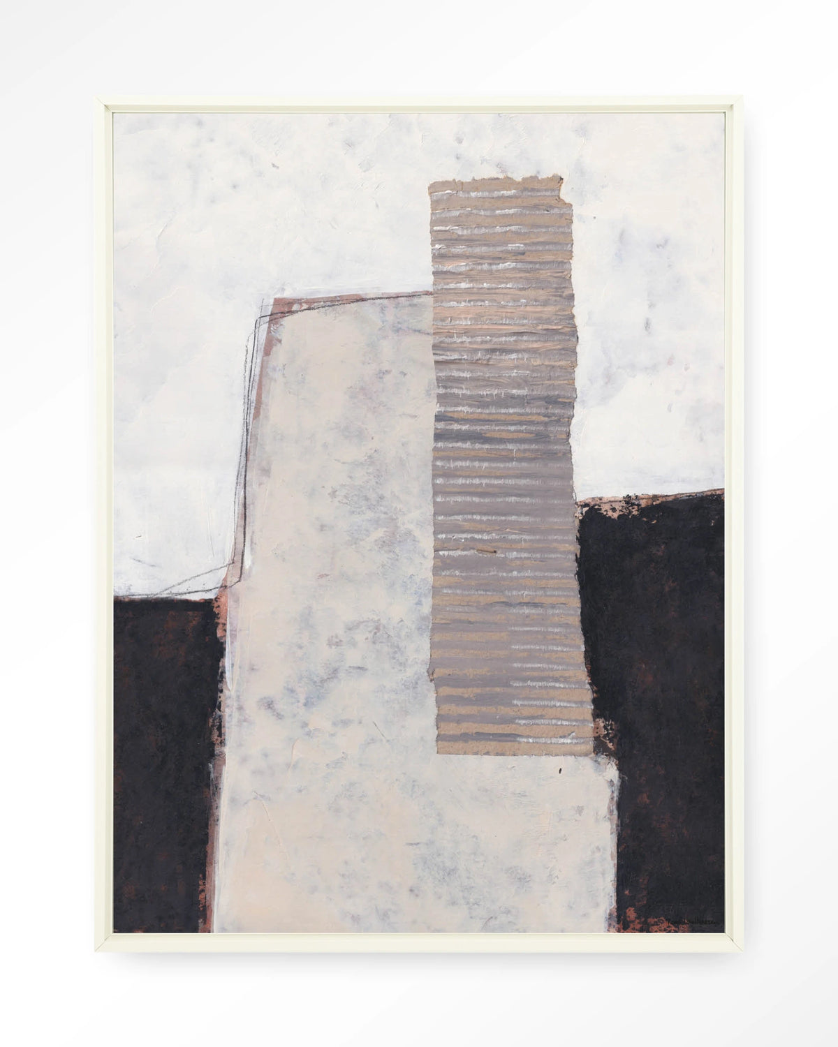 Abstract 1 – abstract in wit, zwart en beige – Wandkleed – Floating frame – wit