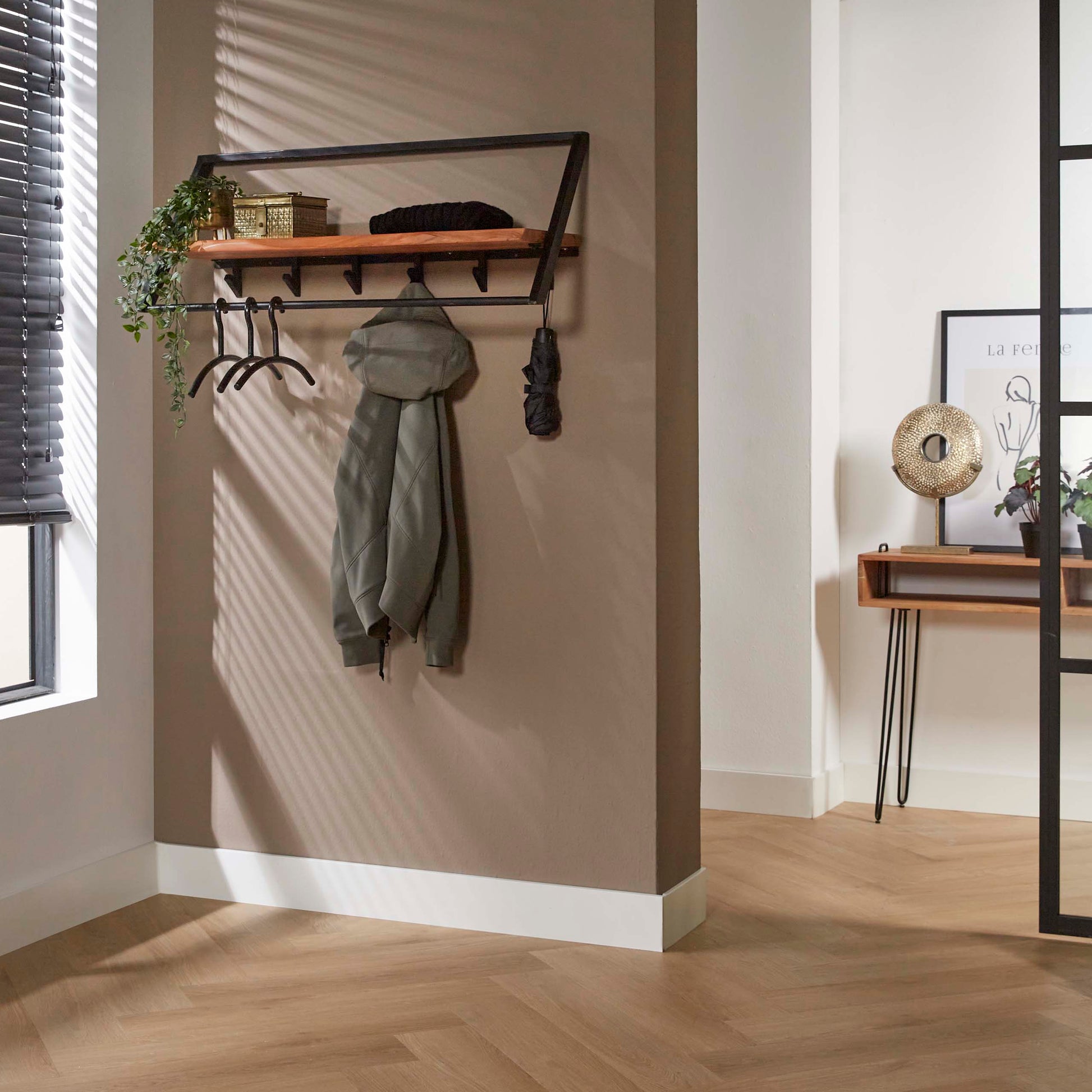 Kapstok Lean roede en hoedenplank 6 haken / Massief acacia