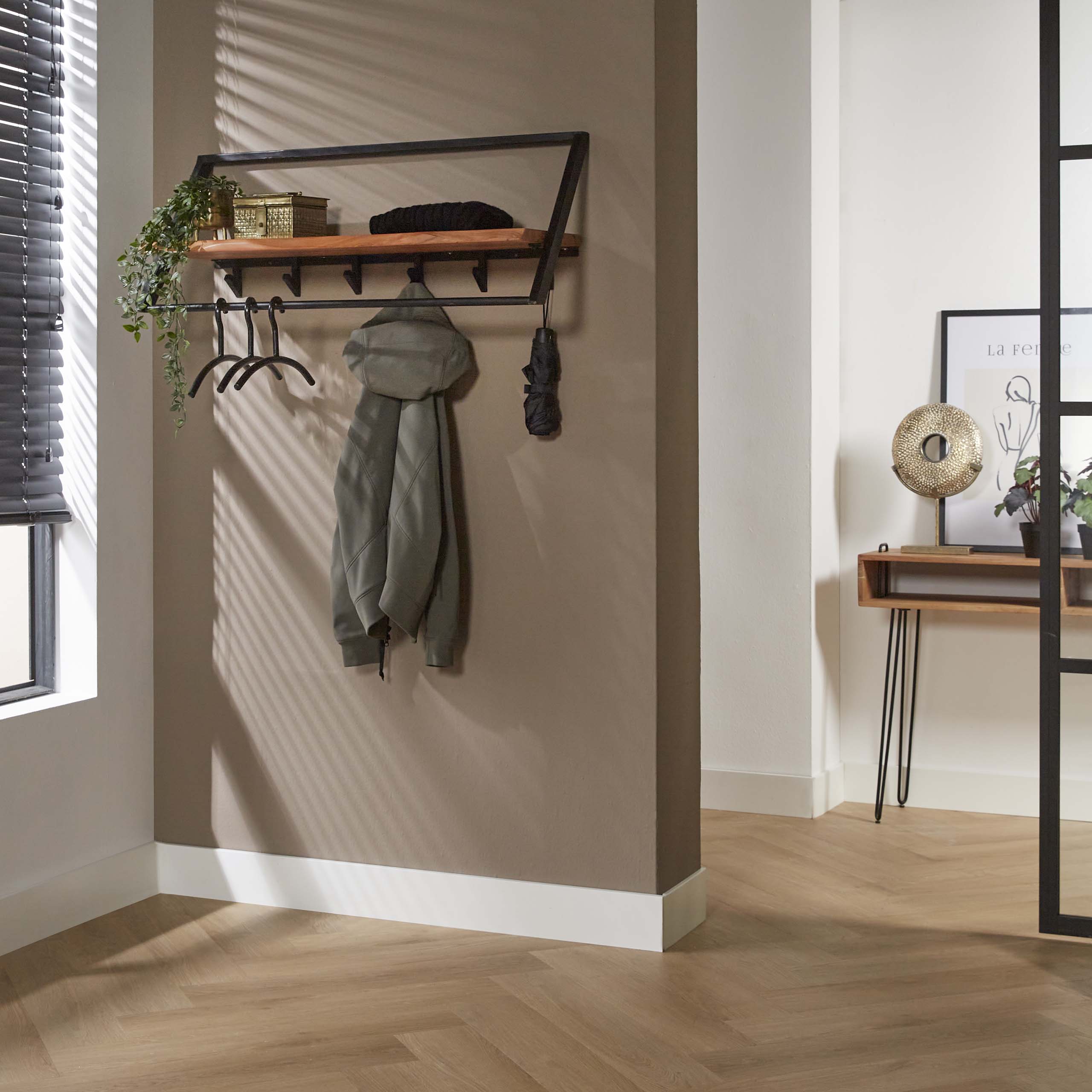 Kapstok Lean roede en hoedenplank 6 haken / Massief acacia