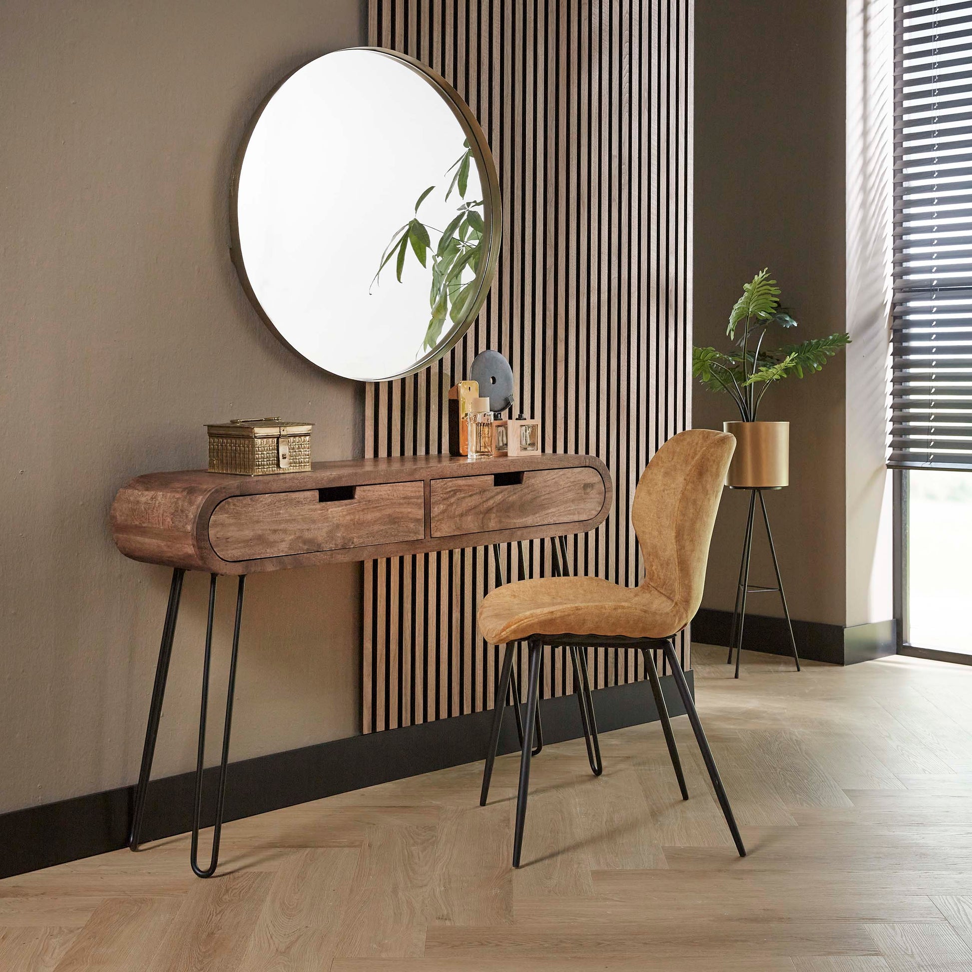 Hal-/kaptafel Barrel 2 lades / Massief mango zand