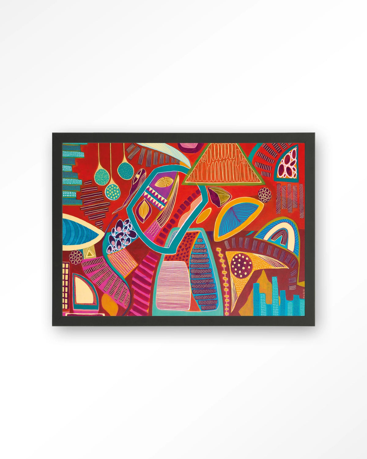 Vida Marina – abstract in rood en blauw – Art print – Hout zwart