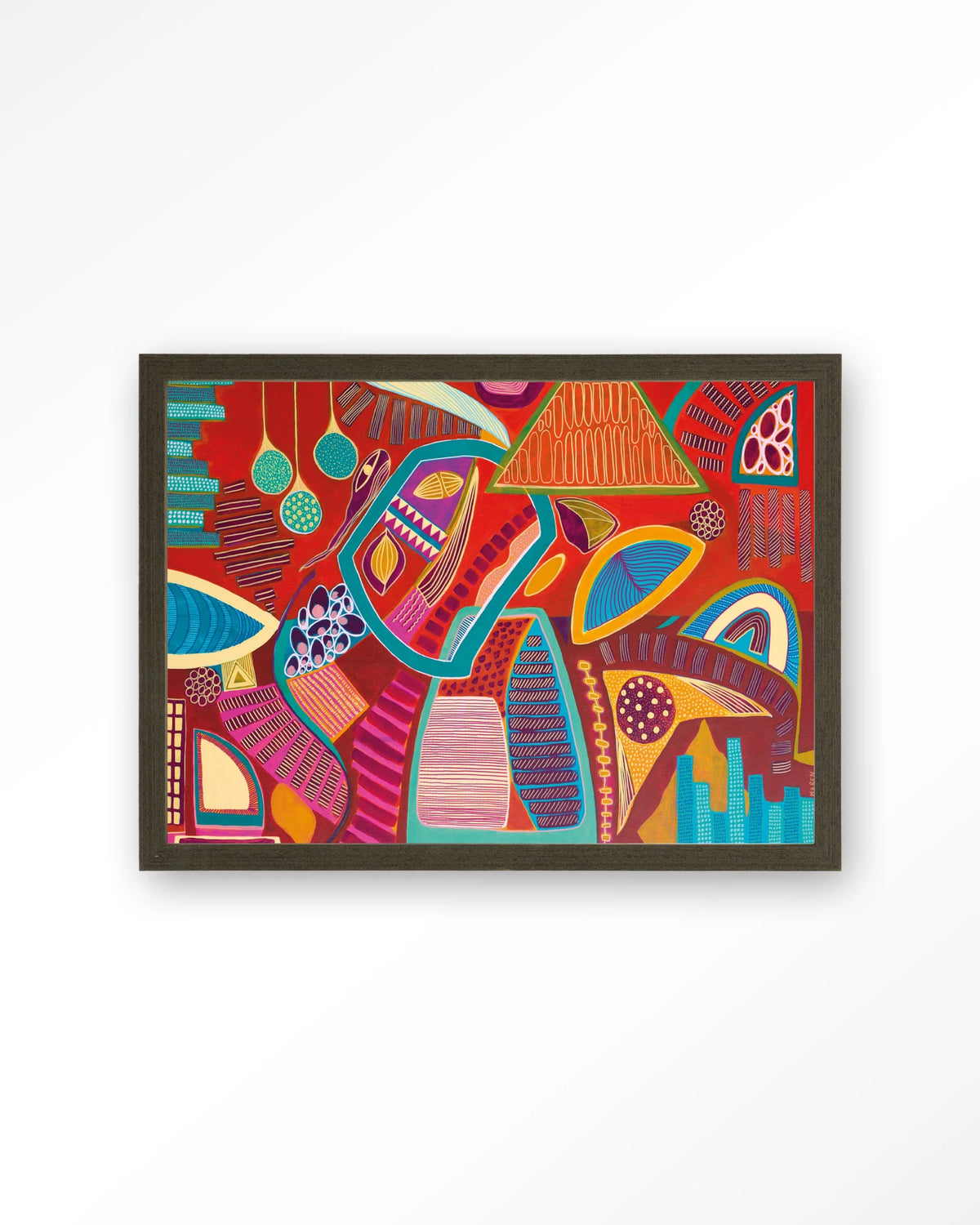 Vida Marina – abstract in rood en blauw – Art print – Hout donkerbruin