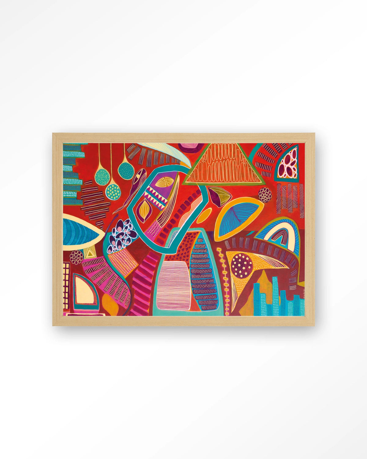 Vida Marina – abstract in rood en blauw – Art print – Hout naturel