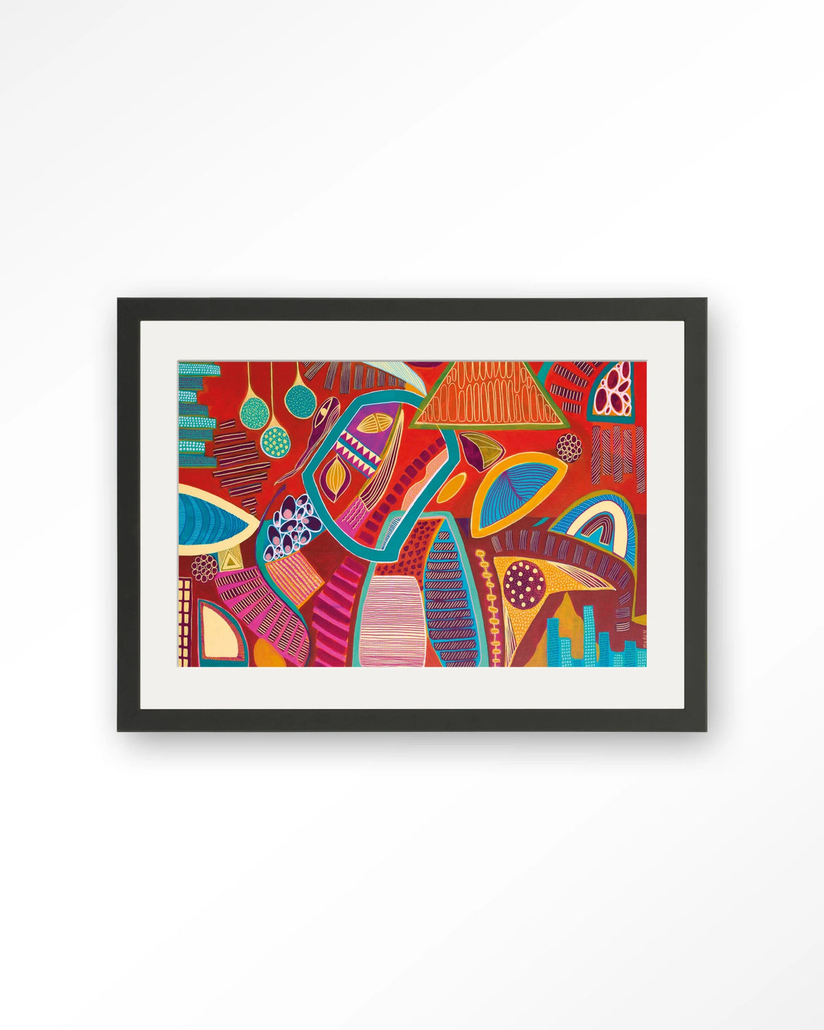 Vida Marina – abstract in rood en blauw – Art print – Hout zwart + passe-partout