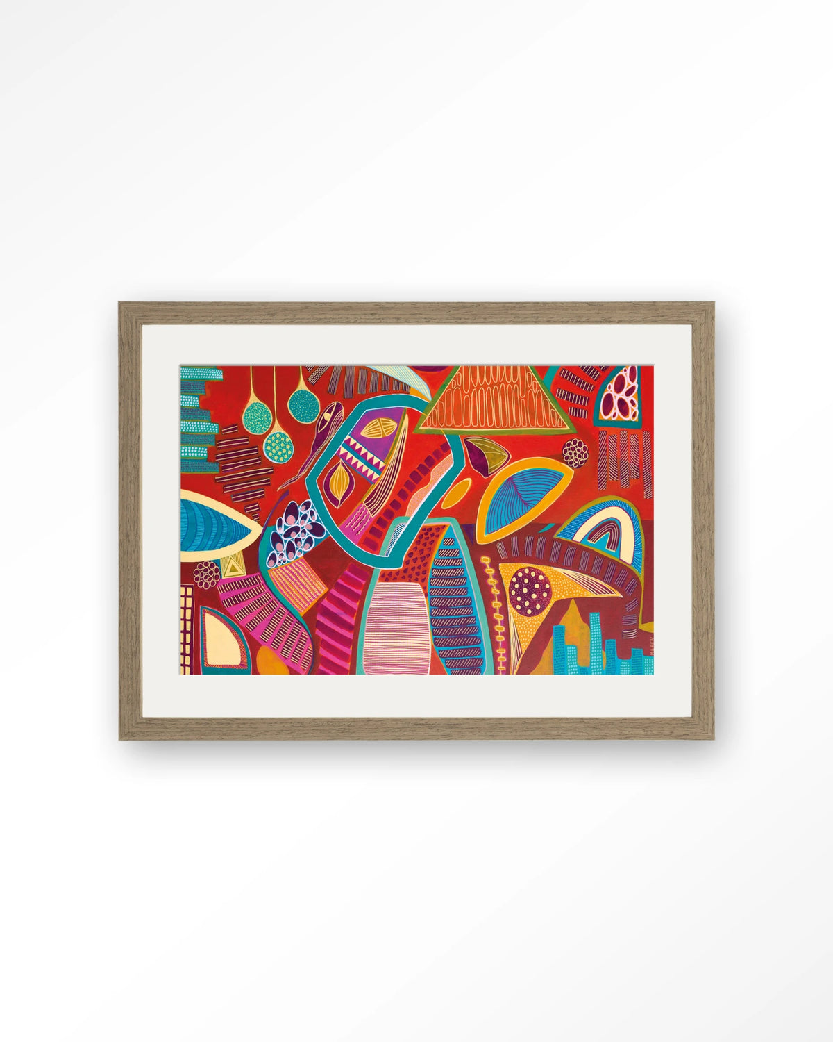 Vida Marina – abstract in rood en blauw – Art print – Hout bruin + passe-partout