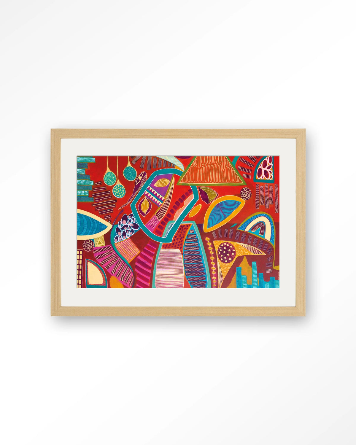 Vida Marina – abstract in rood en blauw – Art print – Hout naturel + passe-partout