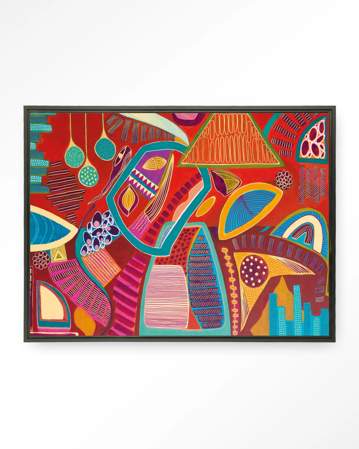 Vida Marina – abstract in rood en blauw – Wandkleed – Floating frame – zwart