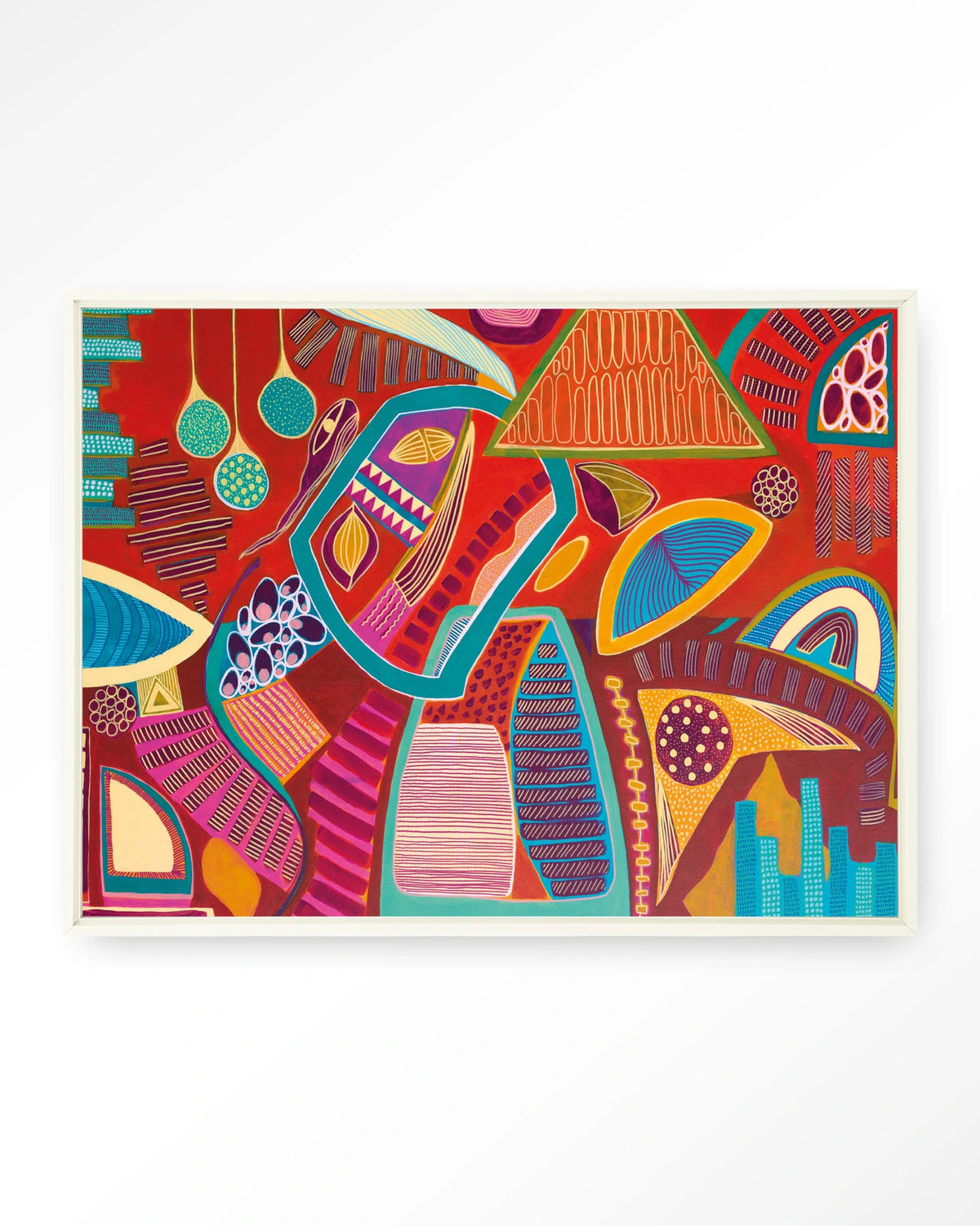 Vida Marina – abstract in rood en blauw – Wandkleed – Floating frame – wit