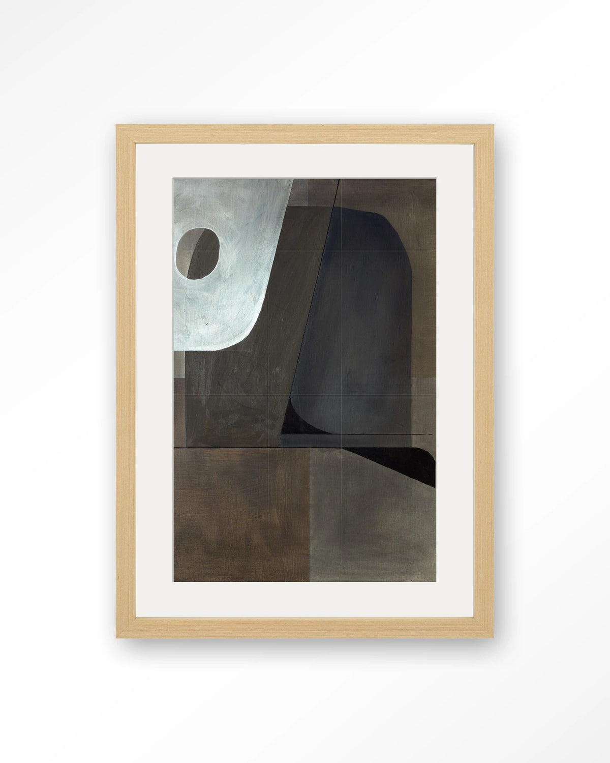 Sophisticated – abstract in grijs en bruin – Art print – Hout naturel + passe-partout