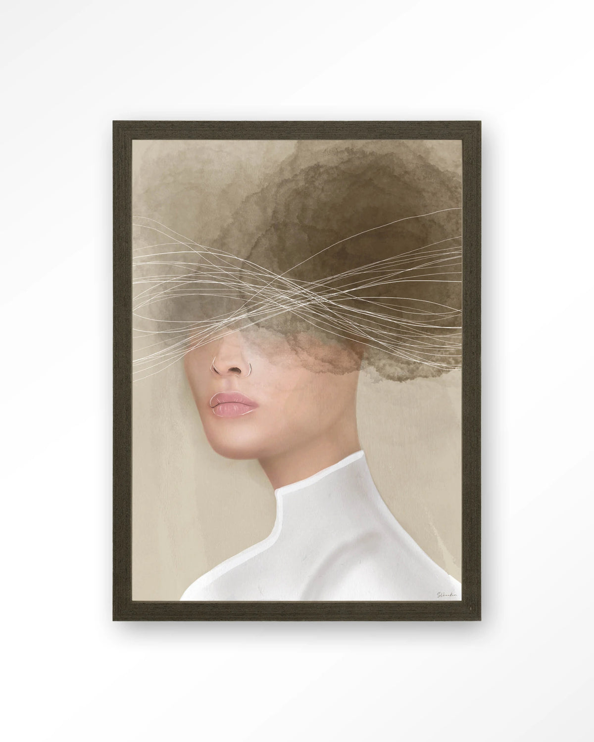 Mood cloud – vrouw met lijntekening in beige – Art print – Hout donkerbruin